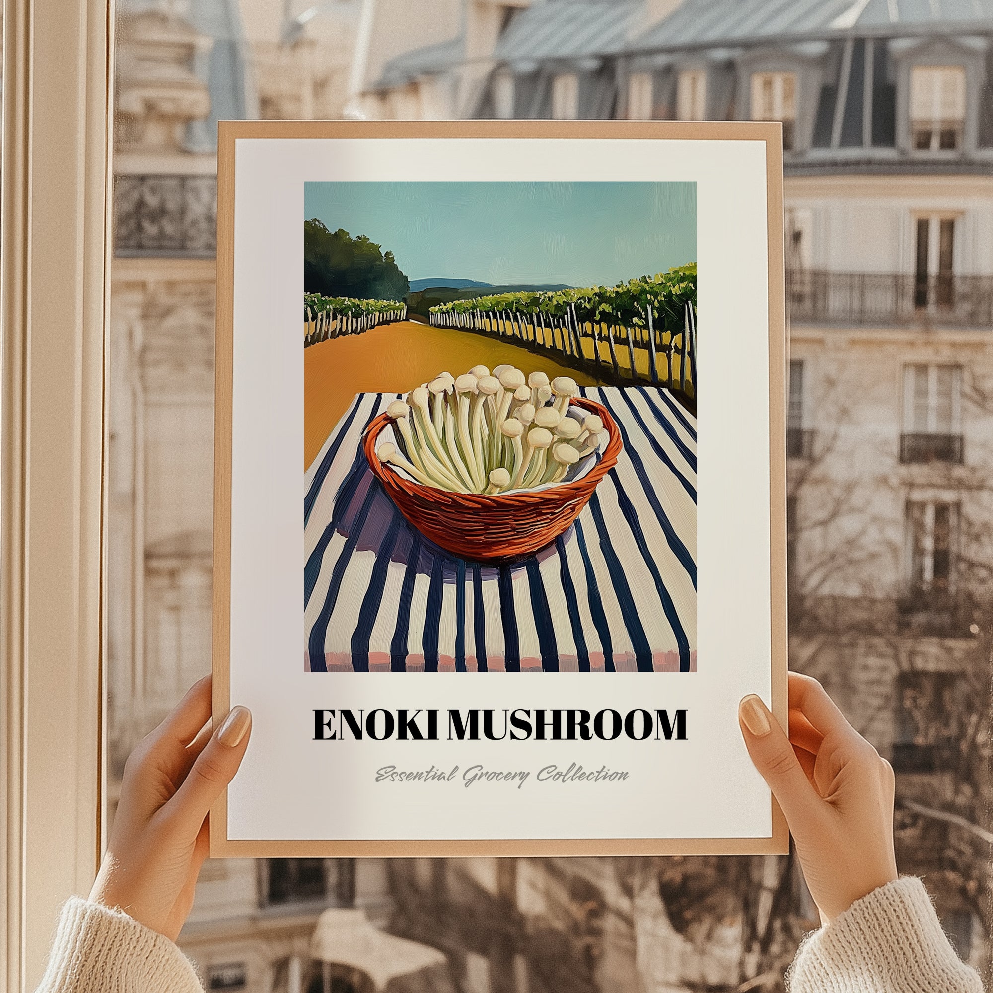 Enoki Mushroom – Green Valley Landscape, Mushrooms Painting, styled in a charming Paris street view