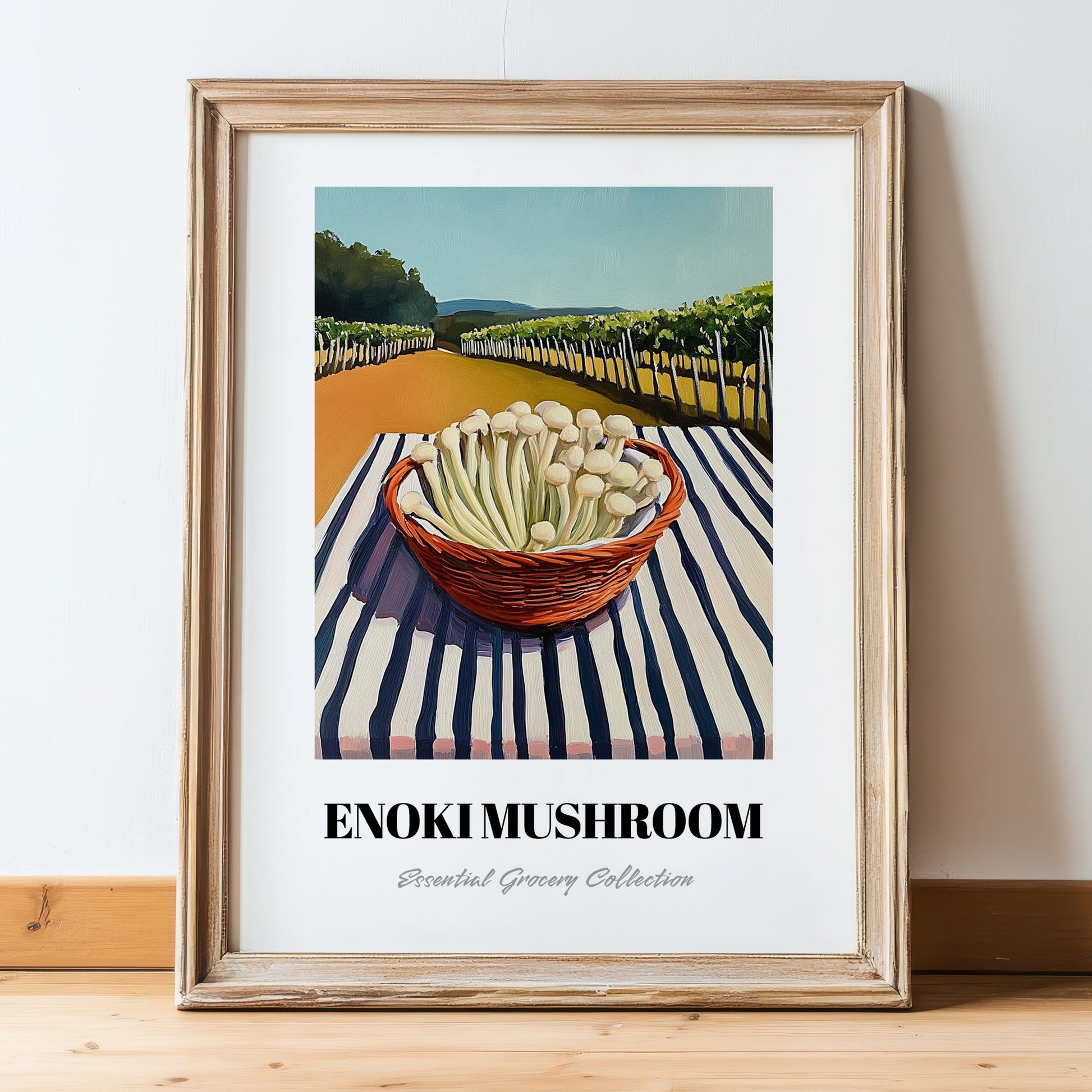 Enoki Mushroom – Green Valley Landscape, Mushrooms Painting, in wooden frame leaning on the floor