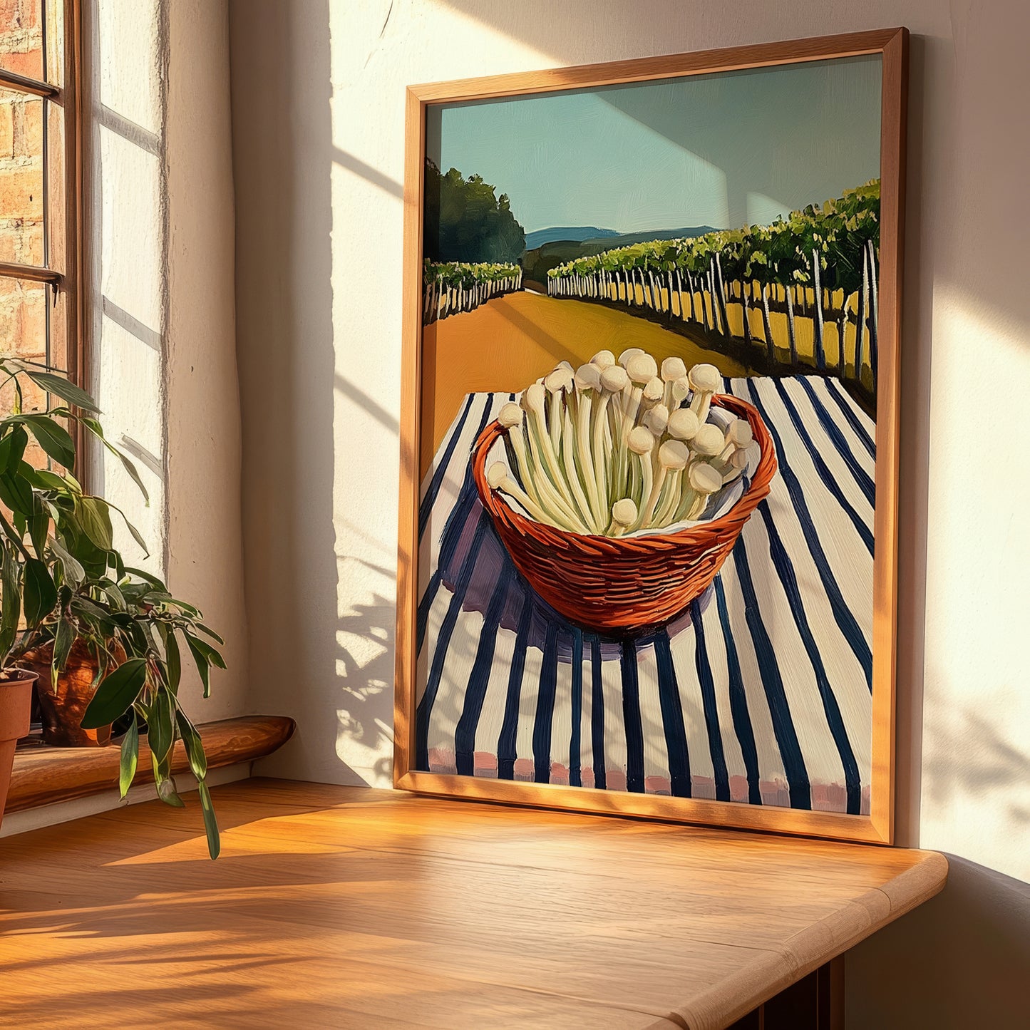 Enoki Mushroom – Green Valley Landscape, Mushrooms Painting, clean layout with no caption