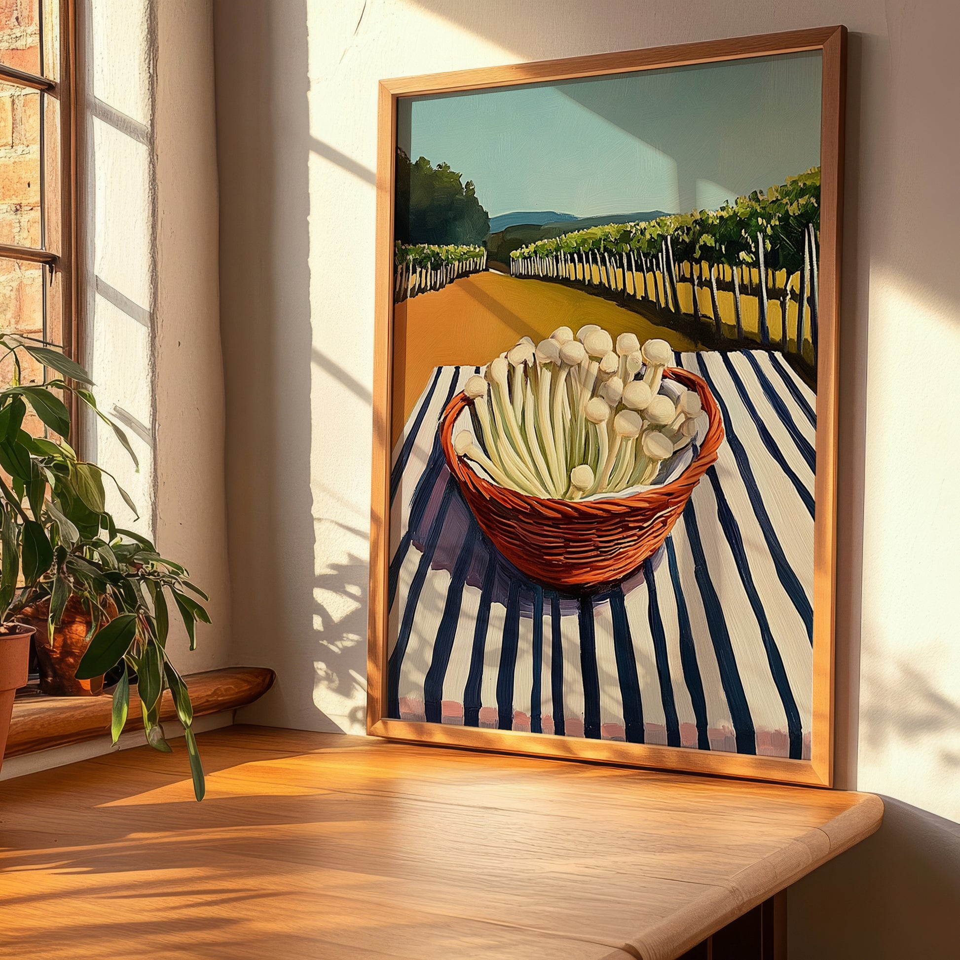 Enoki Mushroom – Green Valley Landscape, Mushrooms Painting, clean layout with no caption