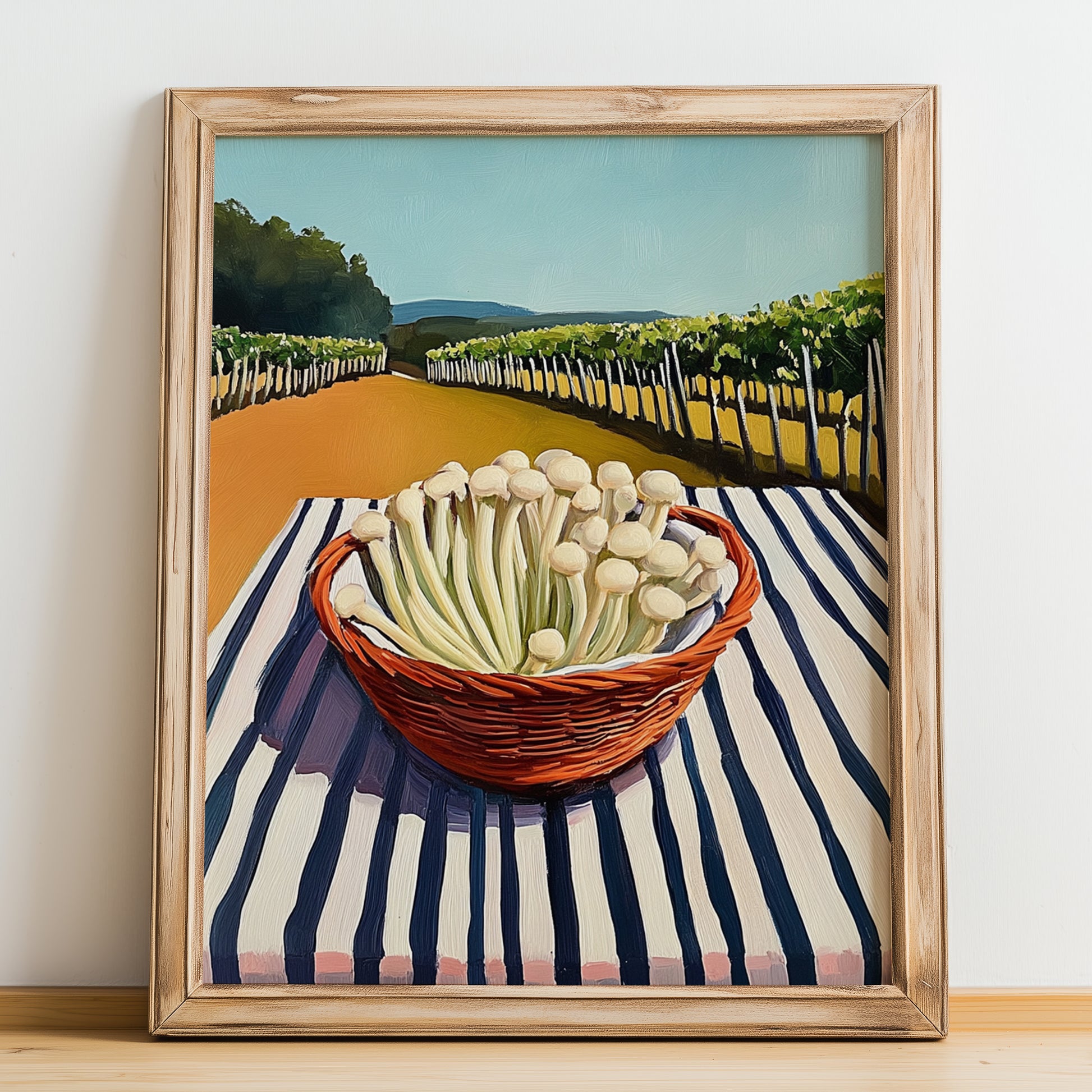 Enoki Mushroom – Green Valley Landscape, Mushrooms Painting, no-text version framed in wood