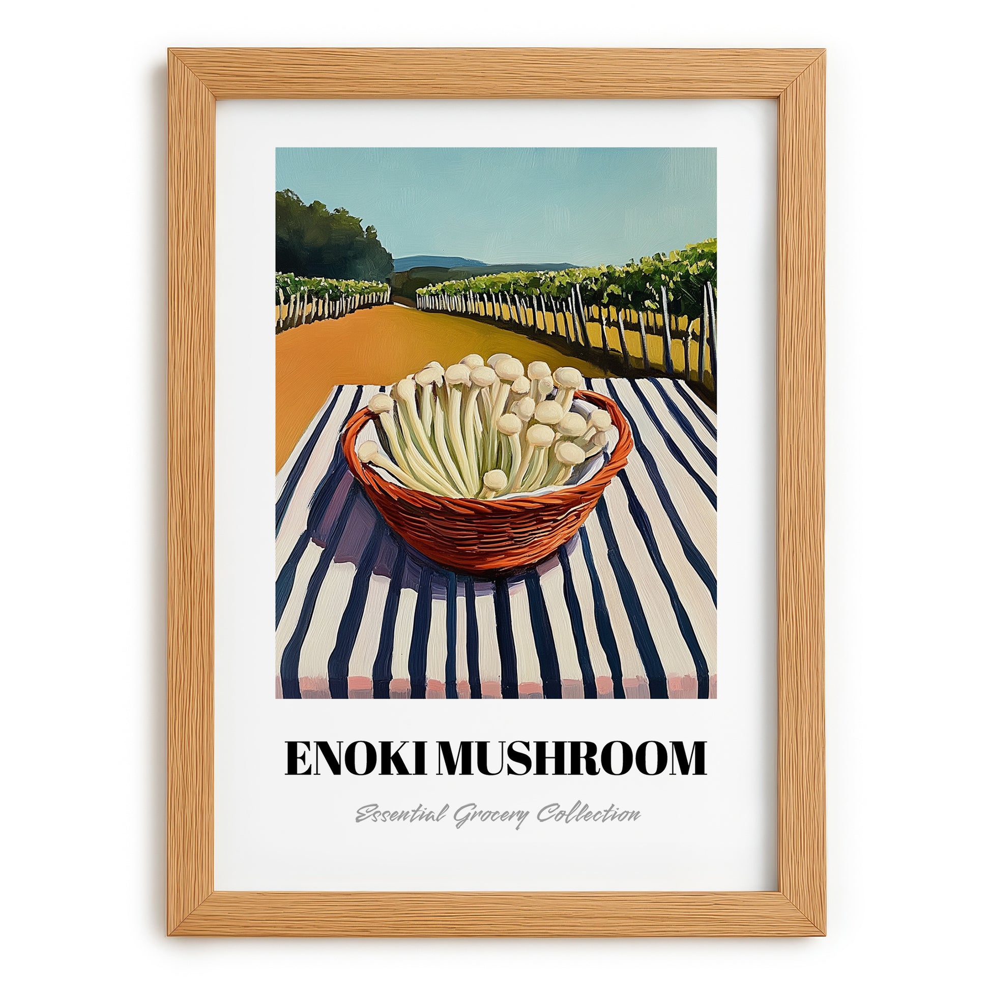 Enoki Mushroom – Green Valley Landscape, Mushrooms Painting, set in oak frame