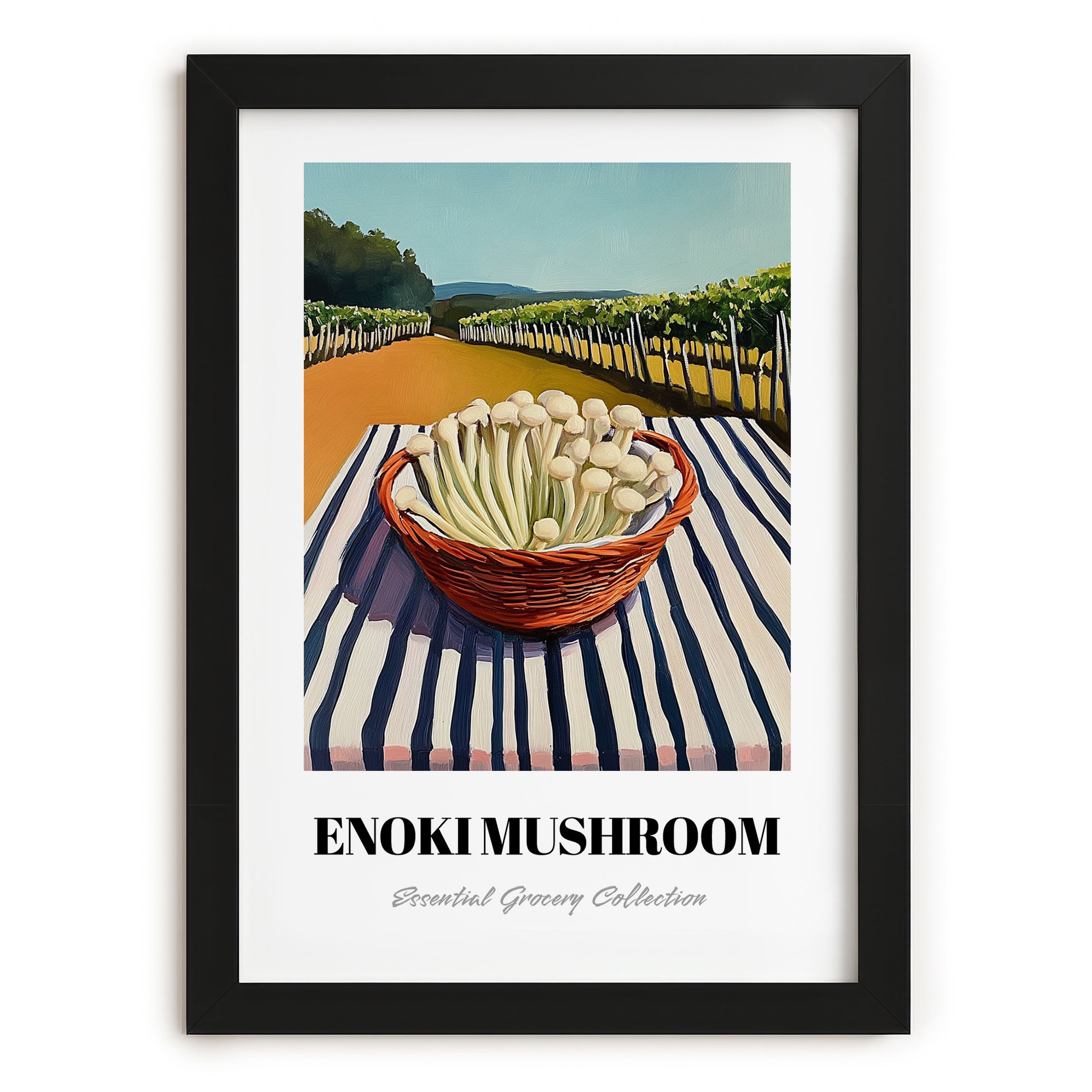 Enoki Mushroom – Green Valley Landscape, Mushrooms Painting, in sleek black frame