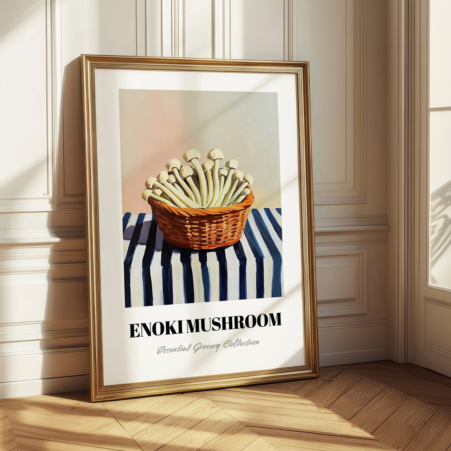 Enoki Mushroom – on Striped Tablecloth, Mushrooms Wall Print