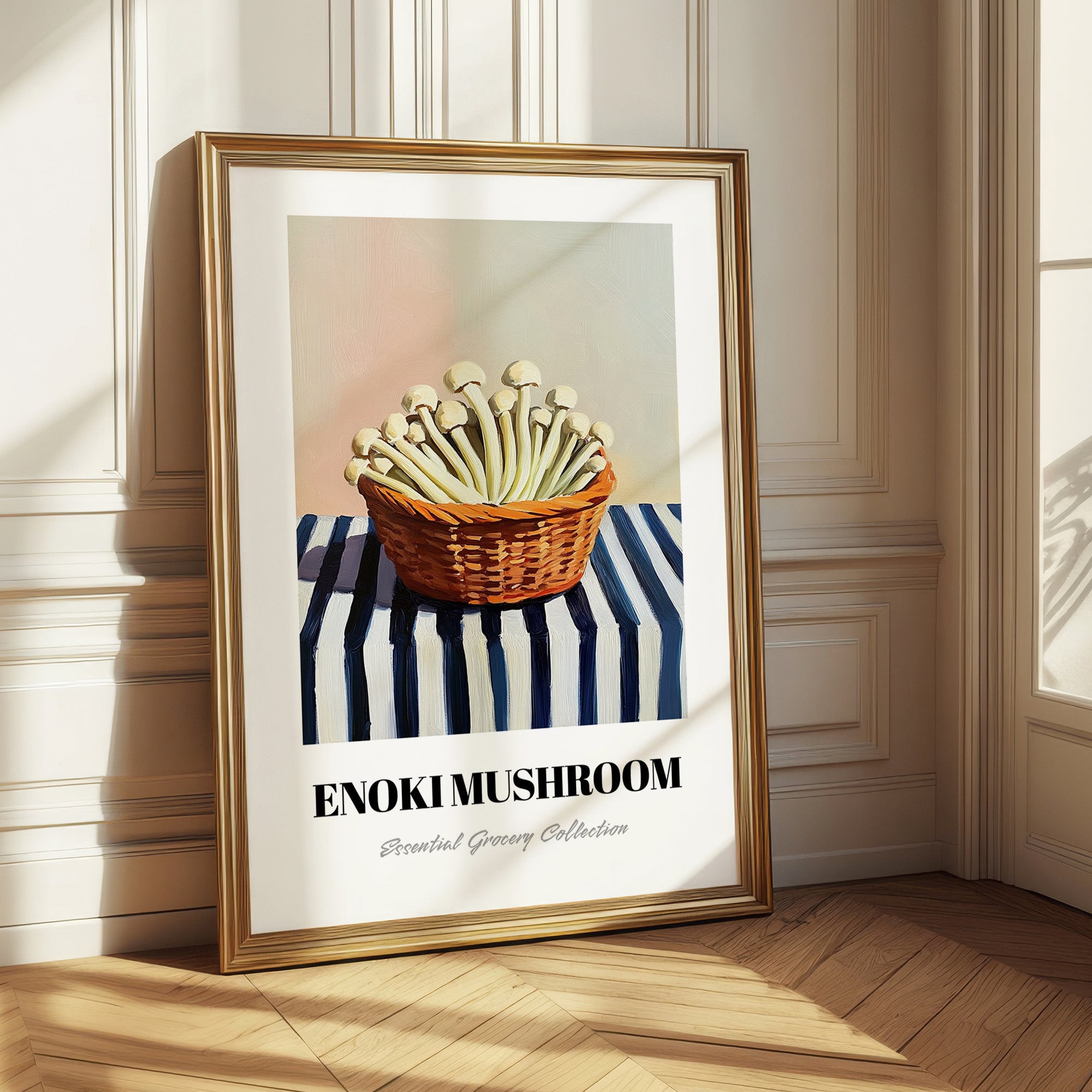 Enoki Mushroom – on Striped Tablecloth, Mushrooms Wall Print