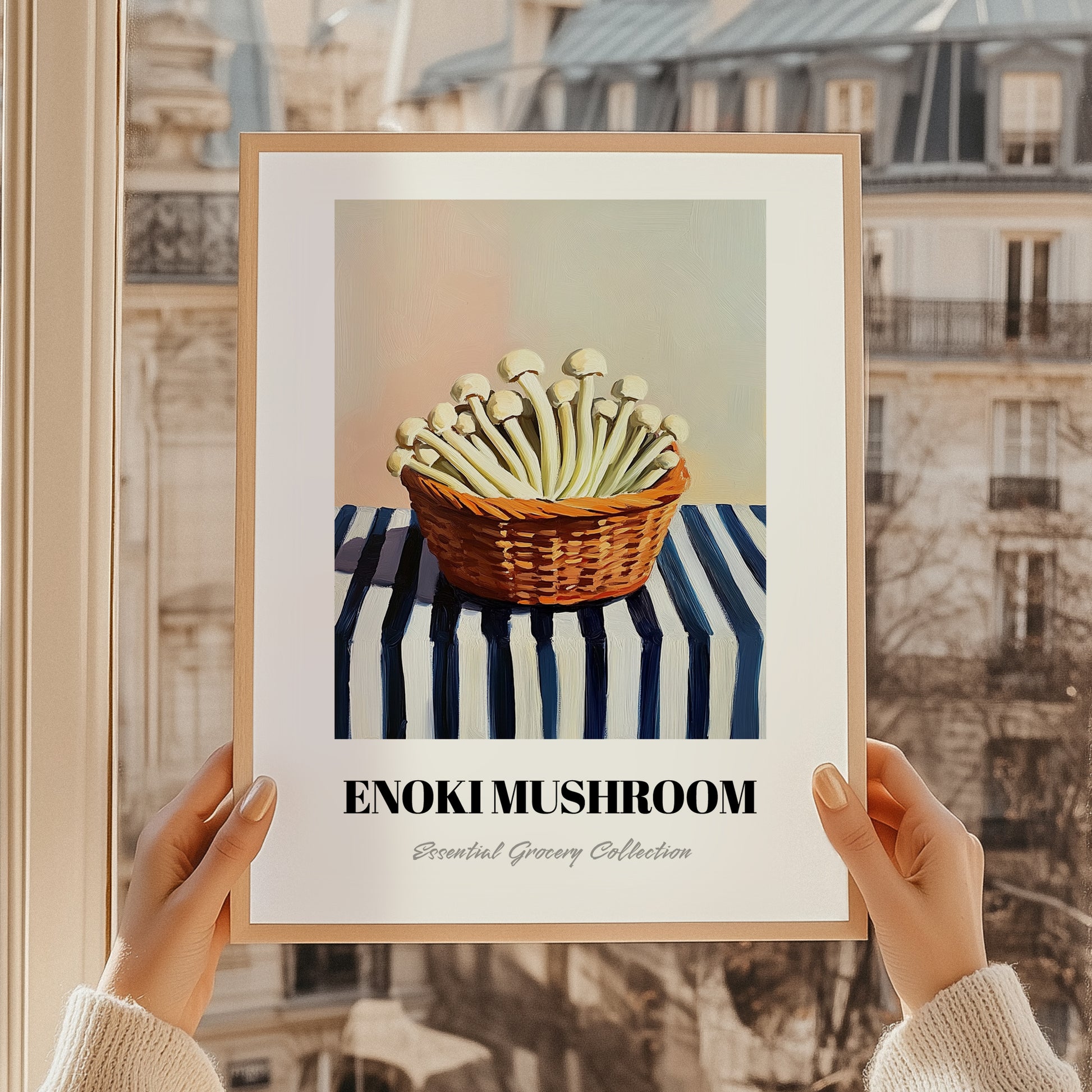 Enoki Mushroom – on Striped Tablecloth, Mushrooms Wall Print, styled in a charming Paris street view