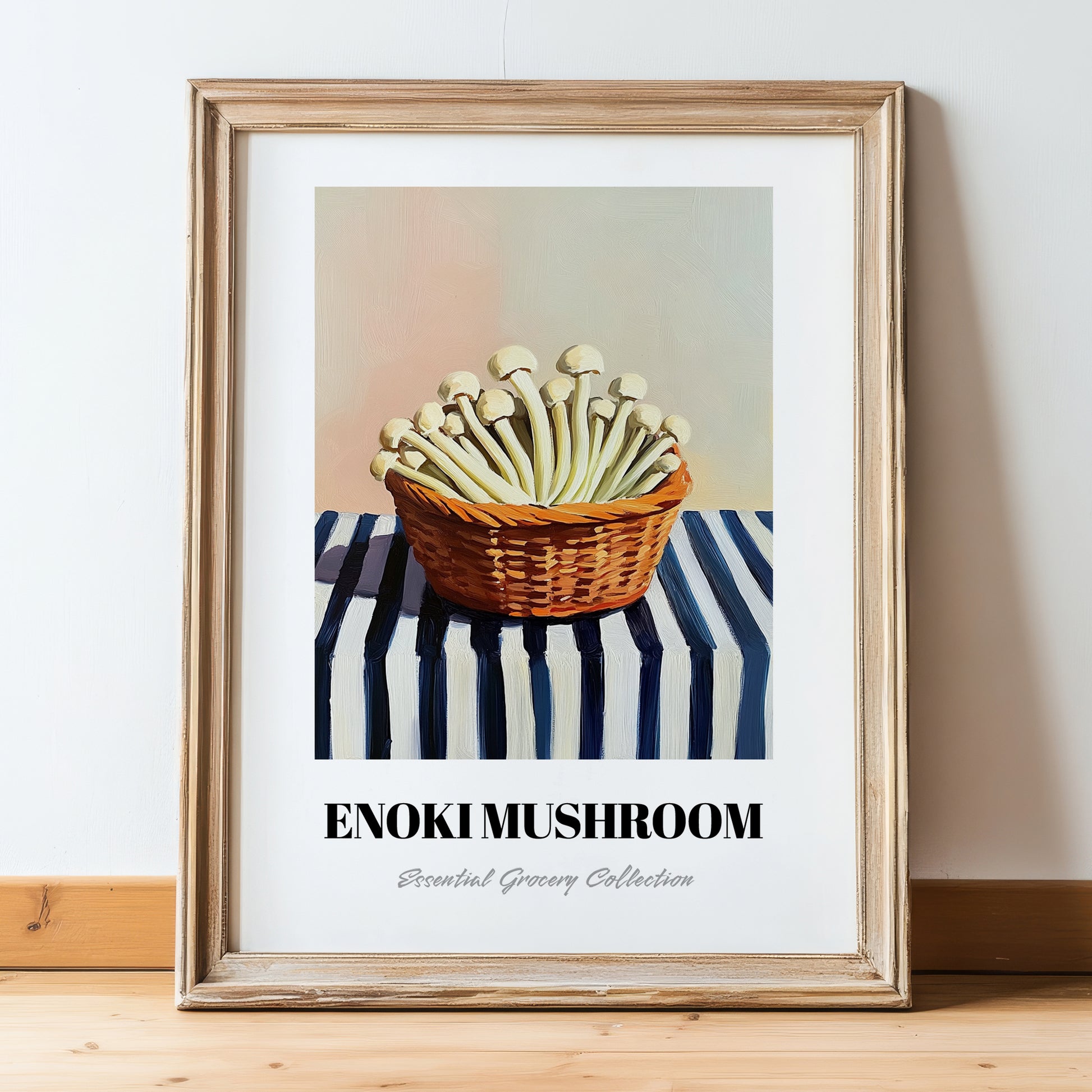 Enoki Mushroom – on Striped Tablecloth, Mushrooms Wall Print, in wooden frame leaning on the floor