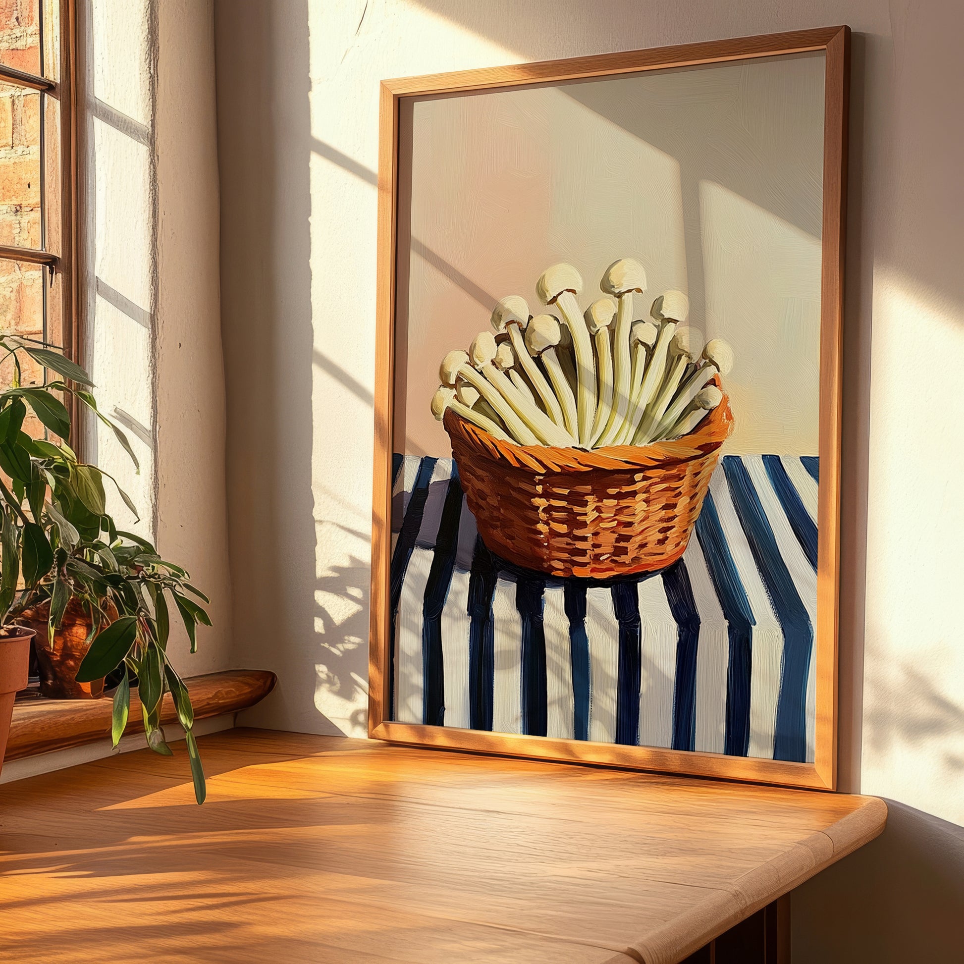 Enoki Mushroom – on Striped Tablecloth, Mushrooms Wall Print, clean layout with no caption