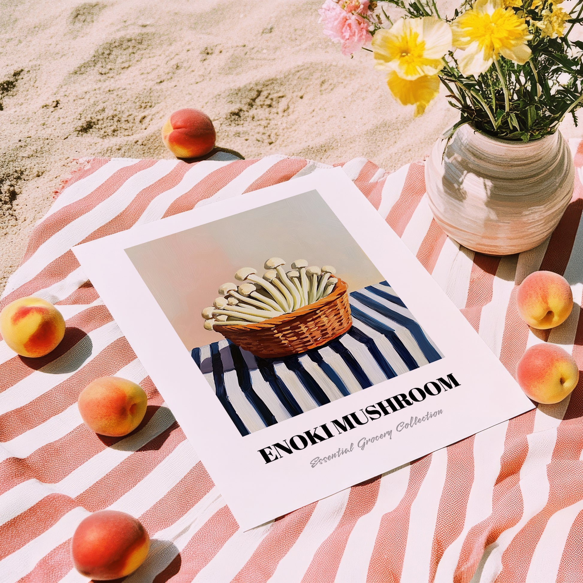 Enoki Mushroom – on Striped Tablecloth, Mushrooms Wall Print, unframed on coastal sand