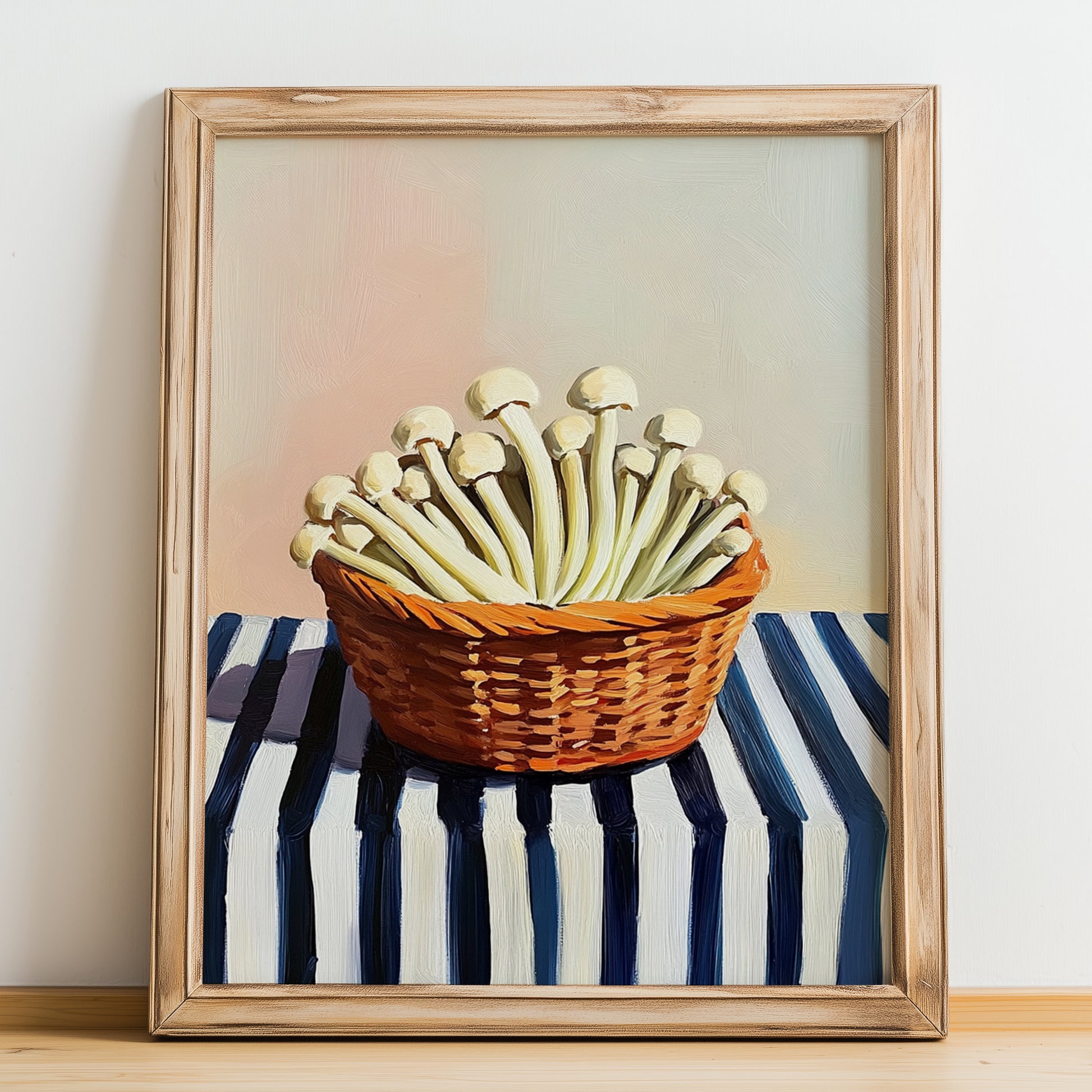 Enoki Mushroom – on Striped Tablecloth, Mushrooms Wall Print, no-text version framed in wood