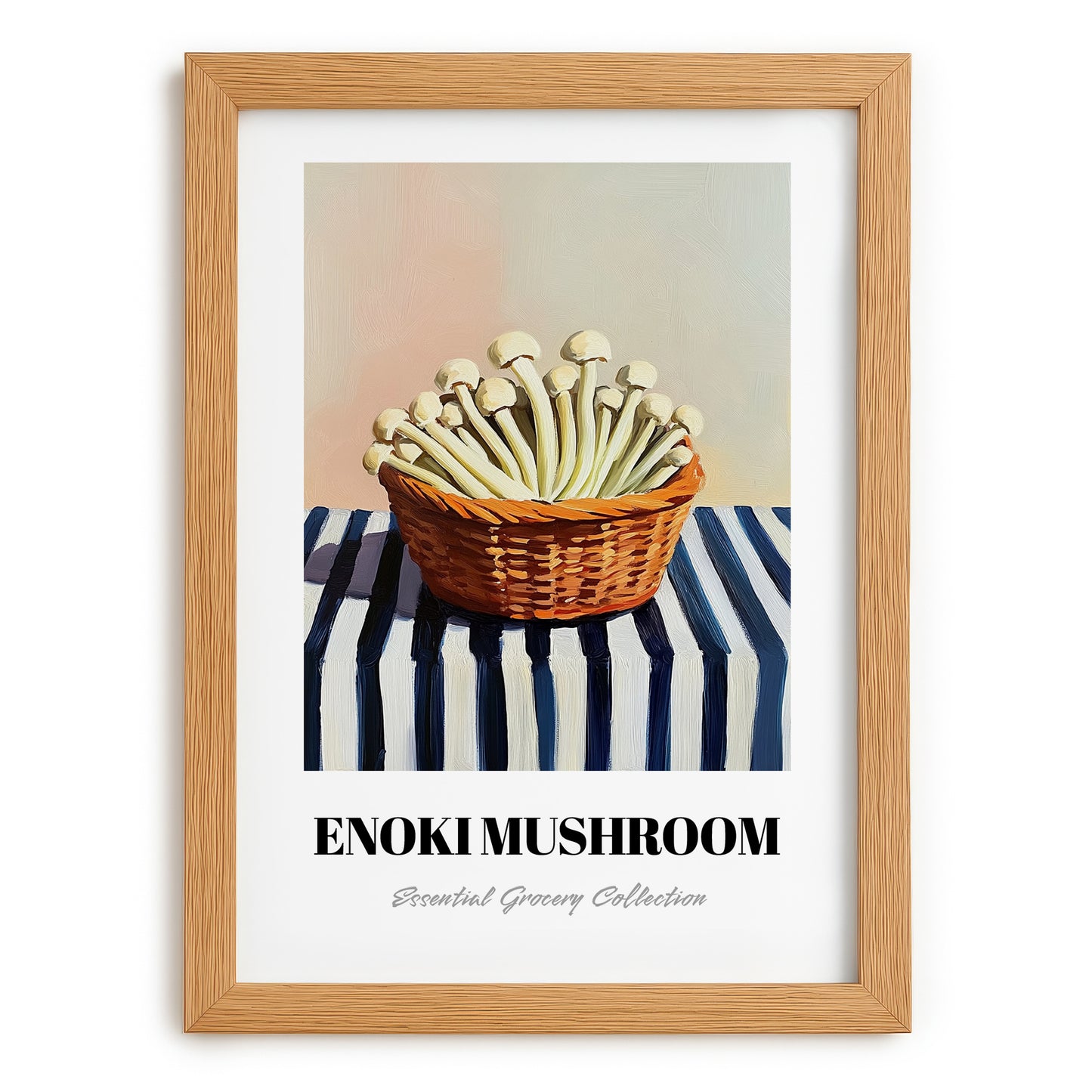 Enoki Mushroom – on Striped Tablecloth, Mushrooms Wall Print, set in oak frame