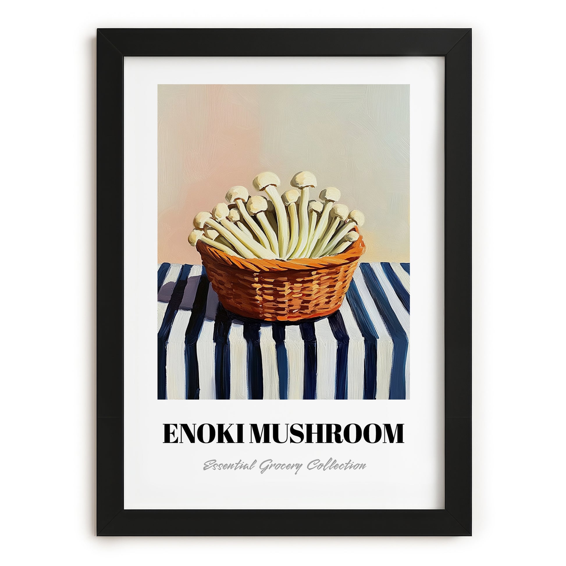 Enoki Mushroom – on Striped Tablecloth, Mushrooms Wall Print, in sleek black frame