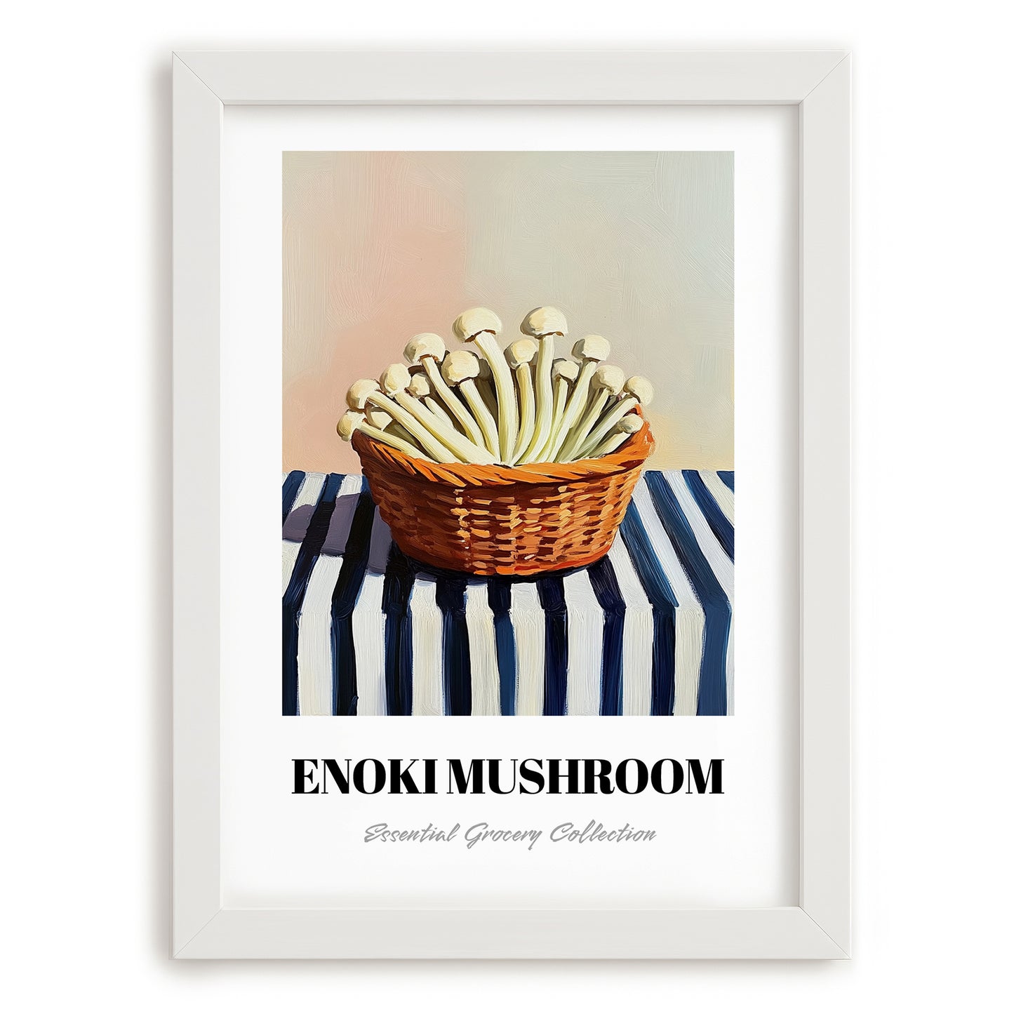 Enoki Mushroom – on Striped Tablecloth, Mushrooms Wall Print, placed in minimal white frame