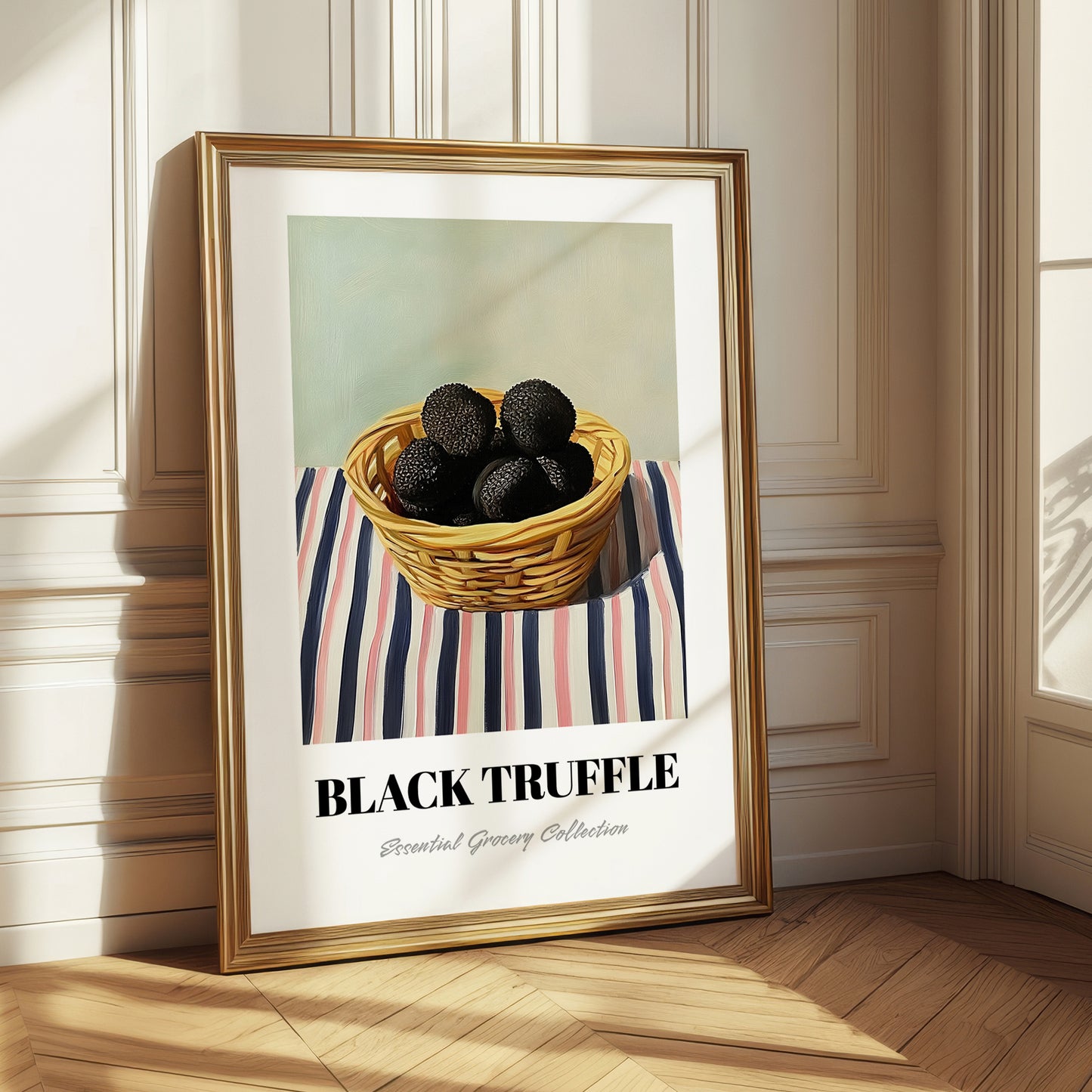 Black Truffle – on Striped Tablecloth, Mushrooms Still Life