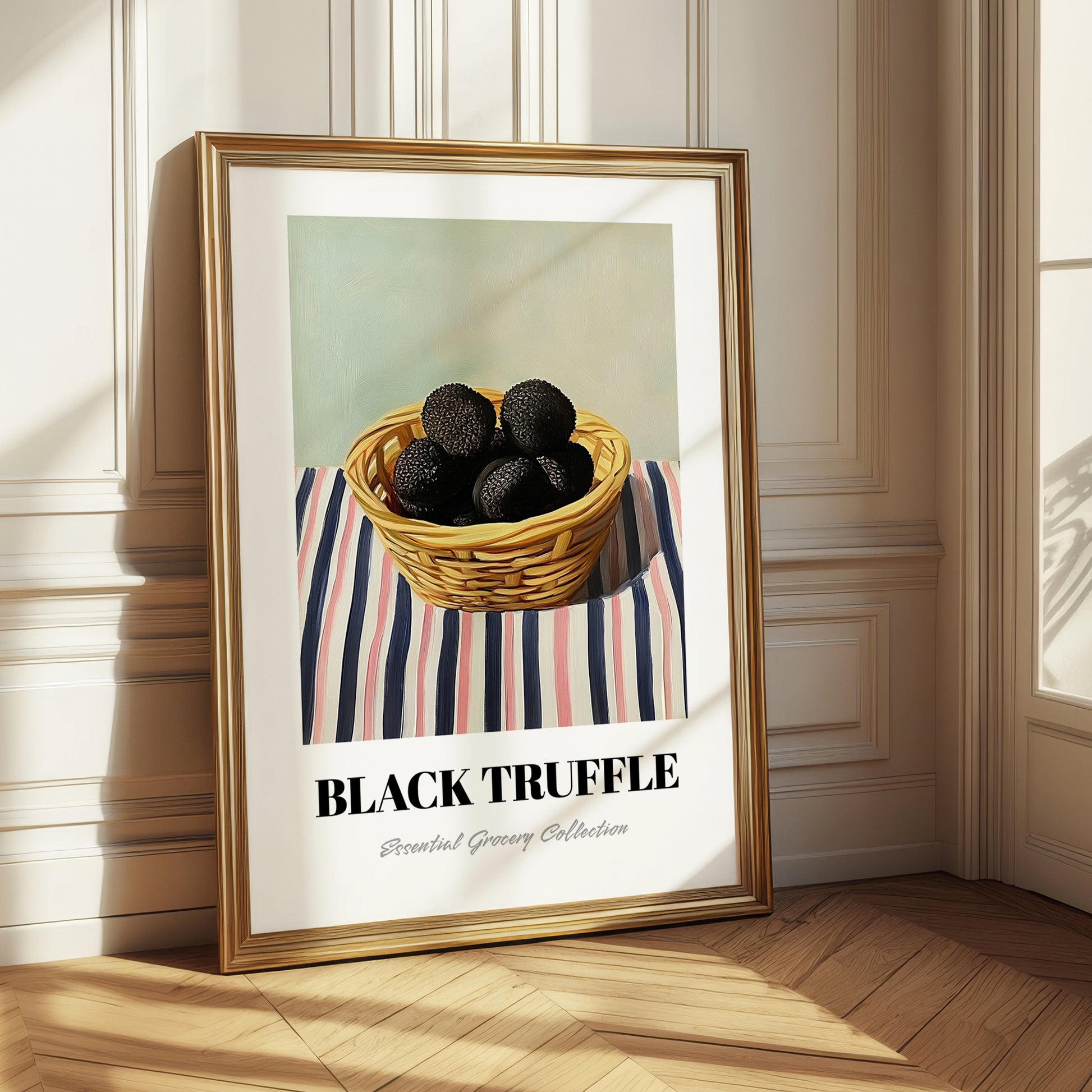 Black Truffle – on Striped Tablecloth, Mushrooms Still Life