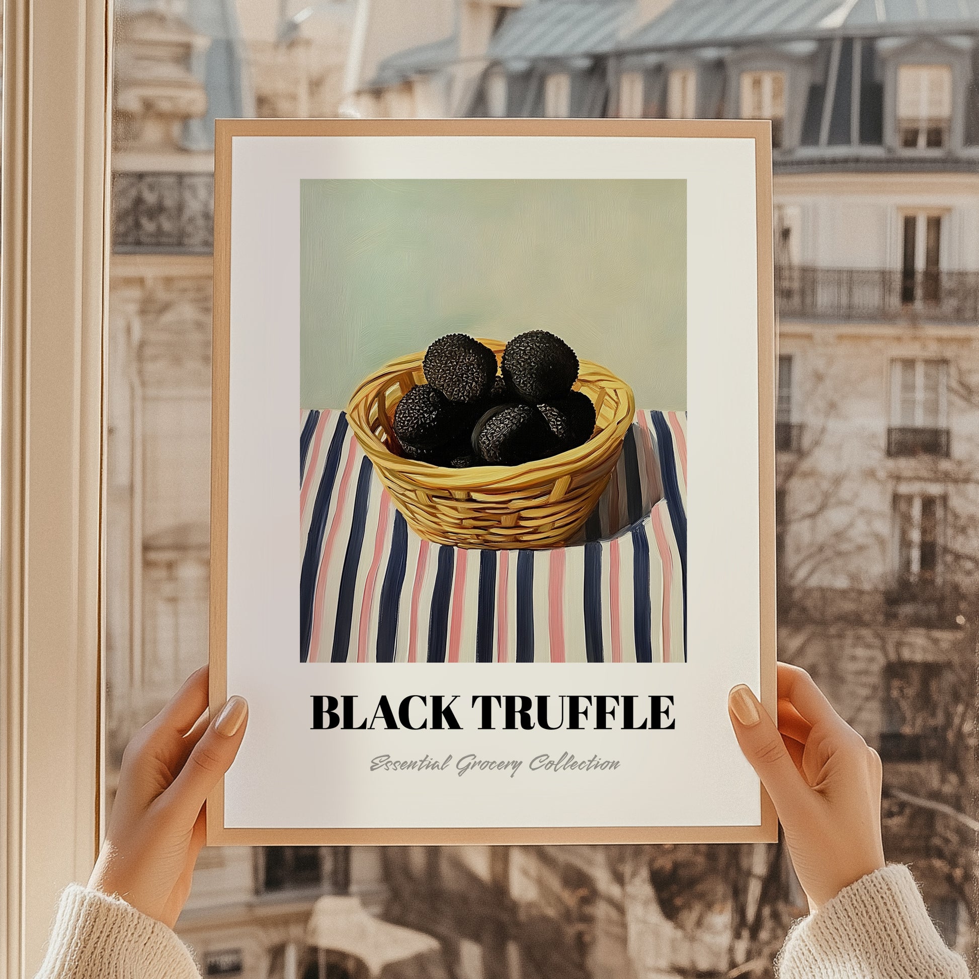 Black Truffle – on Striped Tablecloth, Mushrooms Still Life, styled in a charming Paris street view