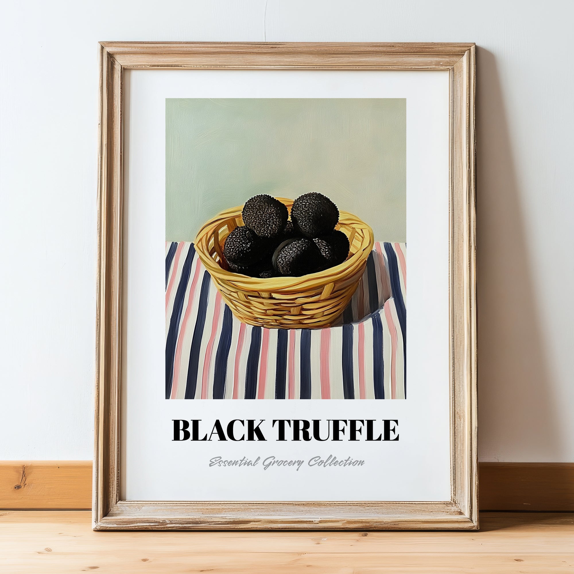 Black Truffle – on Striped Tablecloth, Mushrooms Still Life, in wooden frame leaning on the floor