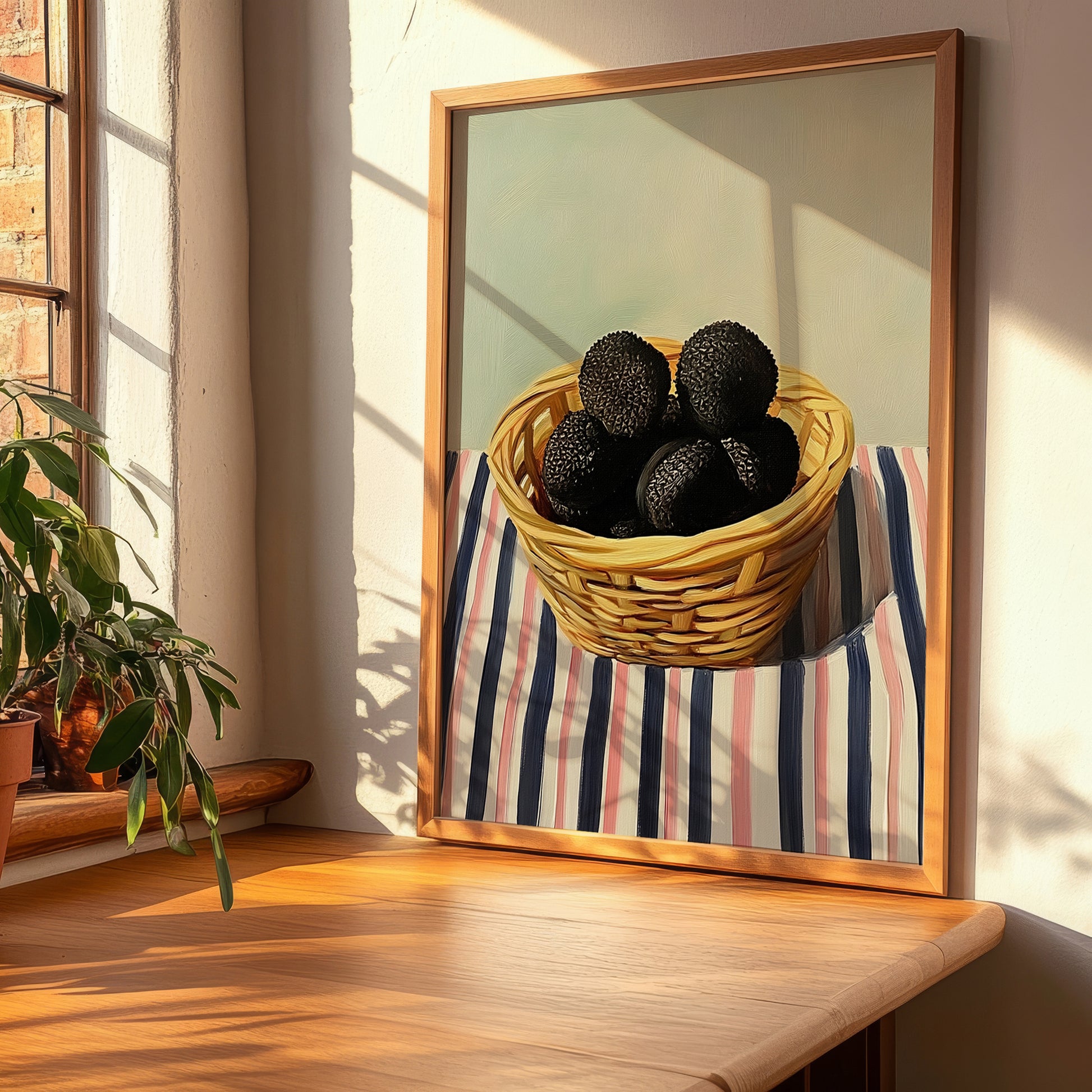 Black Truffle – on Striped Tablecloth, Mushrooms Still Life, clean layout with no caption