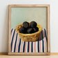 Black Truffle – on Striped Tablecloth, Mushrooms Still Life, no-text version framed in wood