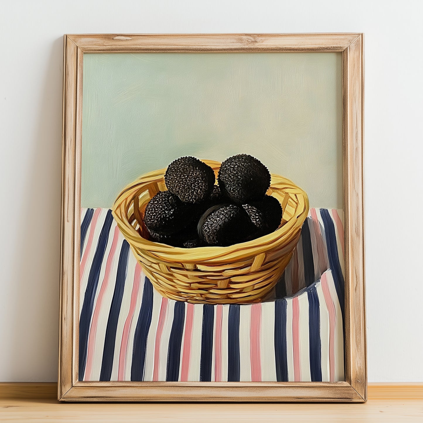 Black Truffle – on Striped Tablecloth, Mushrooms Still Life, no-text version framed in wood