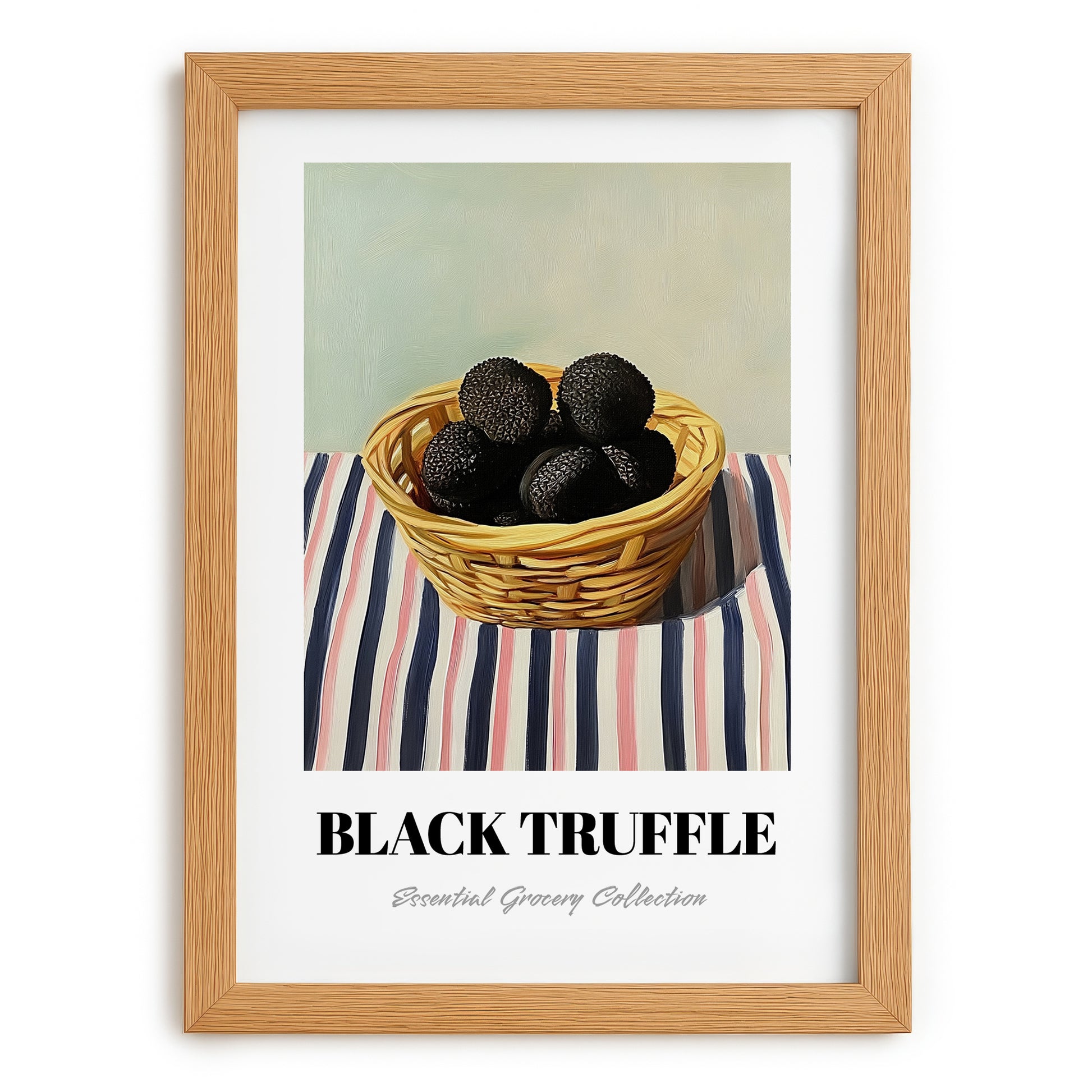 Black Truffle – on Striped Tablecloth, Mushrooms Still Life, set in oak frame