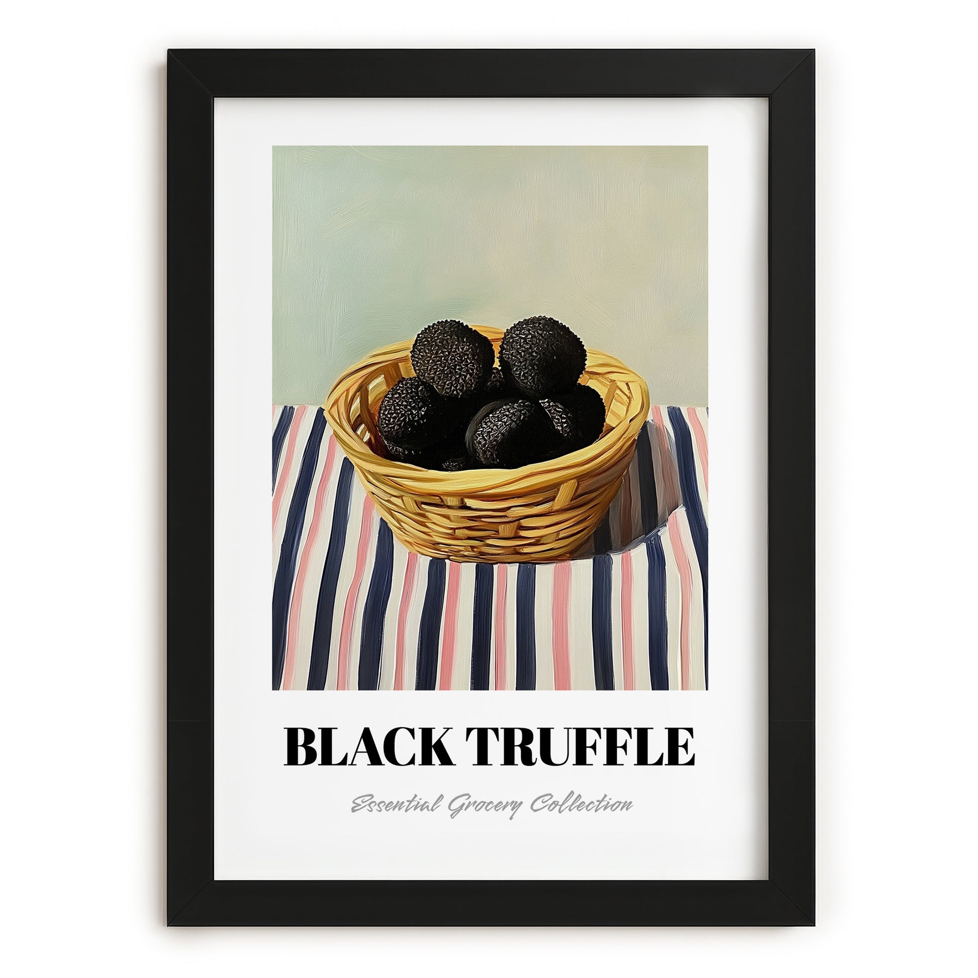 Black Truffle – on Striped Tablecloth, Mushrooms Still Life, in sleek black frame