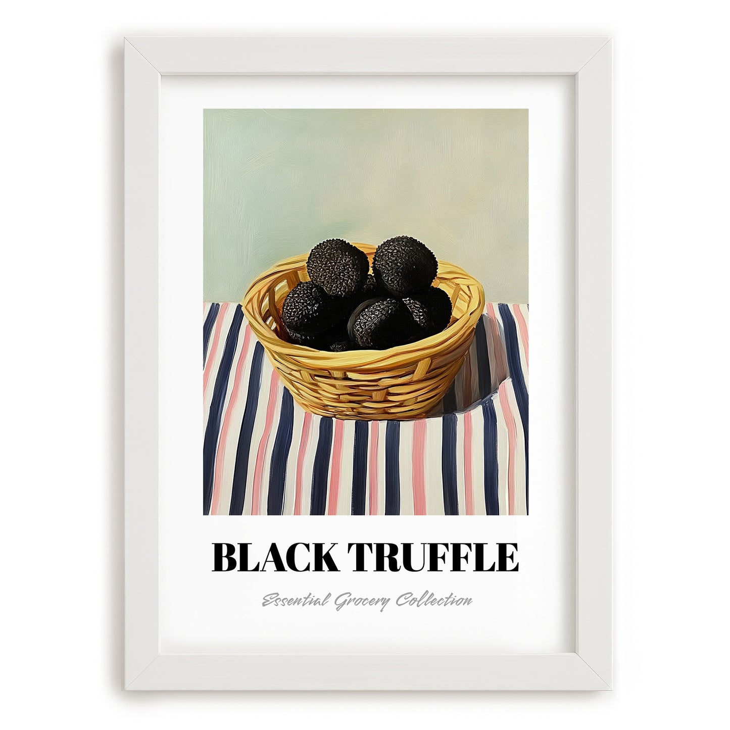 Black Truffle – on Striped Tablecloth, Mushrooms Still Life, placed in minimal white frame