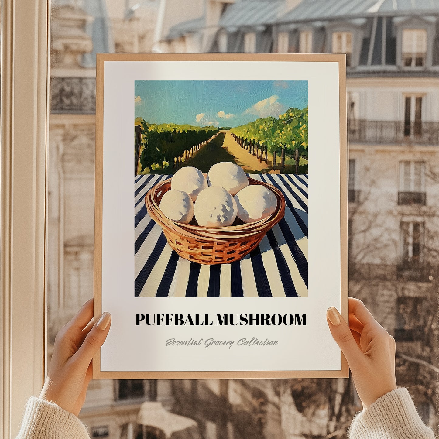Puffball Mushroom – Green Valley Landscape, Mushrooms Illustration, styled in a charming Paris street view