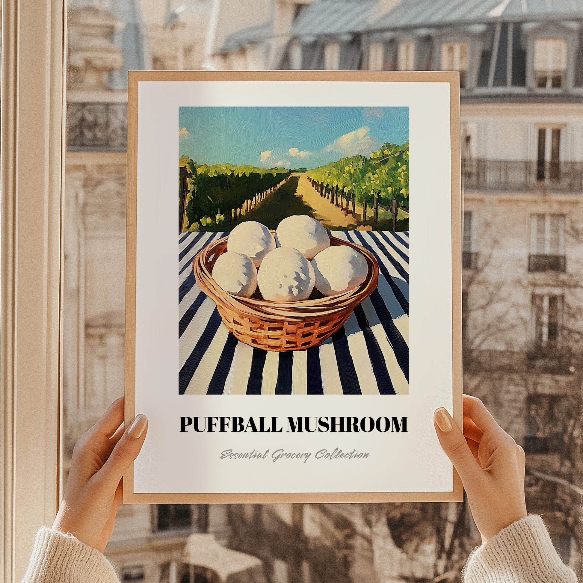 Puffball Mushroom – Green Valley Landscape, Mushrooms Illustration, styled in a charming Paris street view