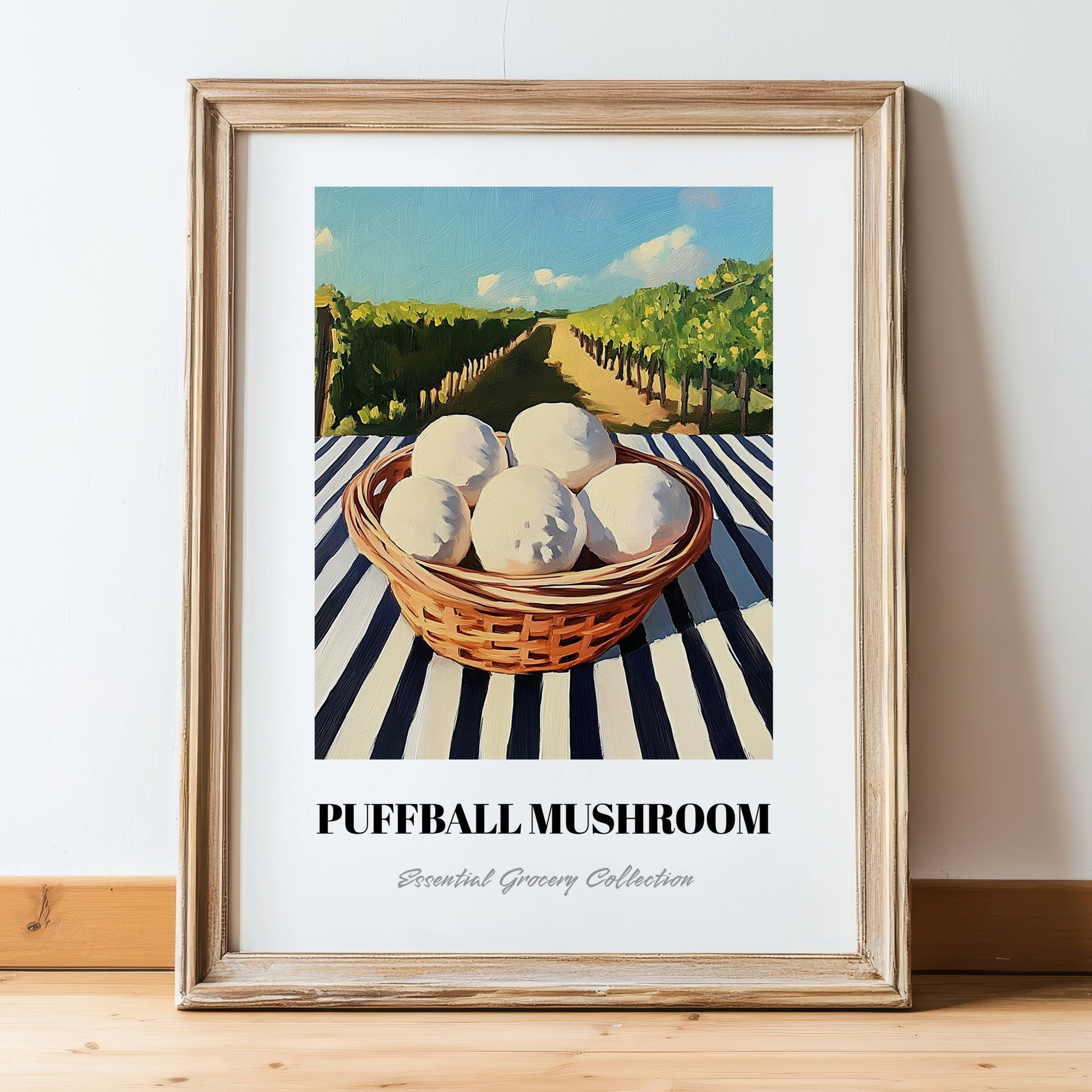 Puffball Mushroom – Green Valley Landscape, Mushrooms Illustration, in wooden frame leaning on the floor