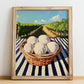 Puffball Mushroom – Green Valley Landscape, Mushrooms Illustration, no-text version framed in wood
