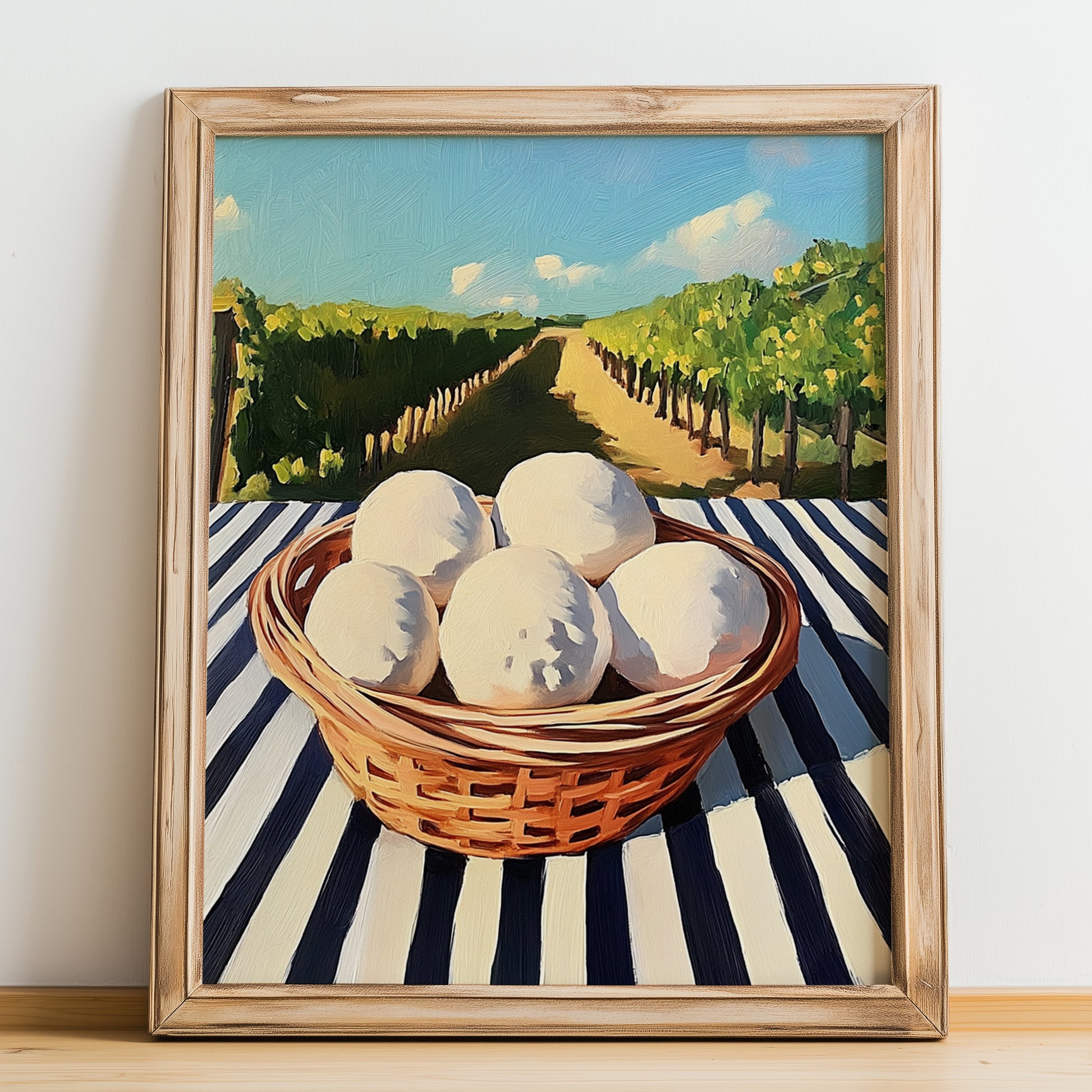 Puffball Mushroom – Green Valley Landscape, Mushrooms Illustration, no-text version framed in wood
