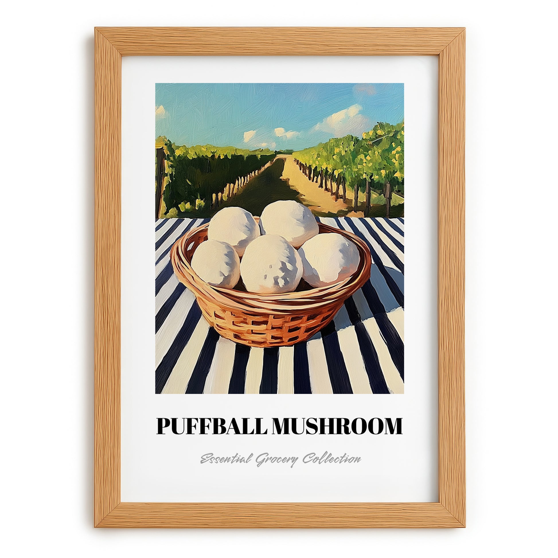 Puffball Mushroom – Green Valley Landscape, Mushrooms Illustration, set in oak frame