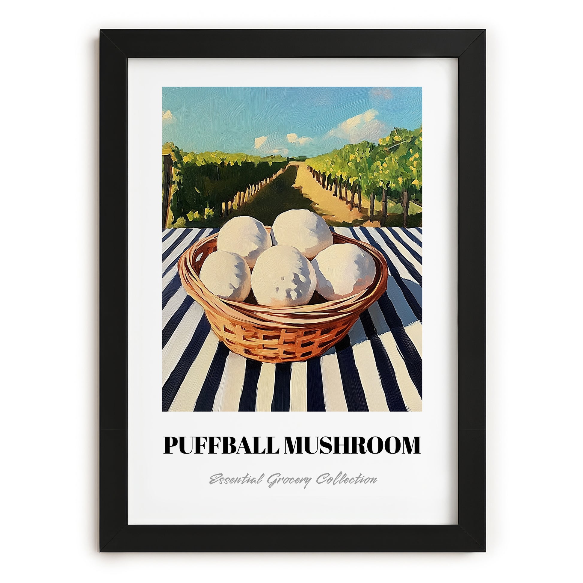 Puffball Mushroom – Green Valley Landscape, Mushrooms Illustration, in sleek black frame