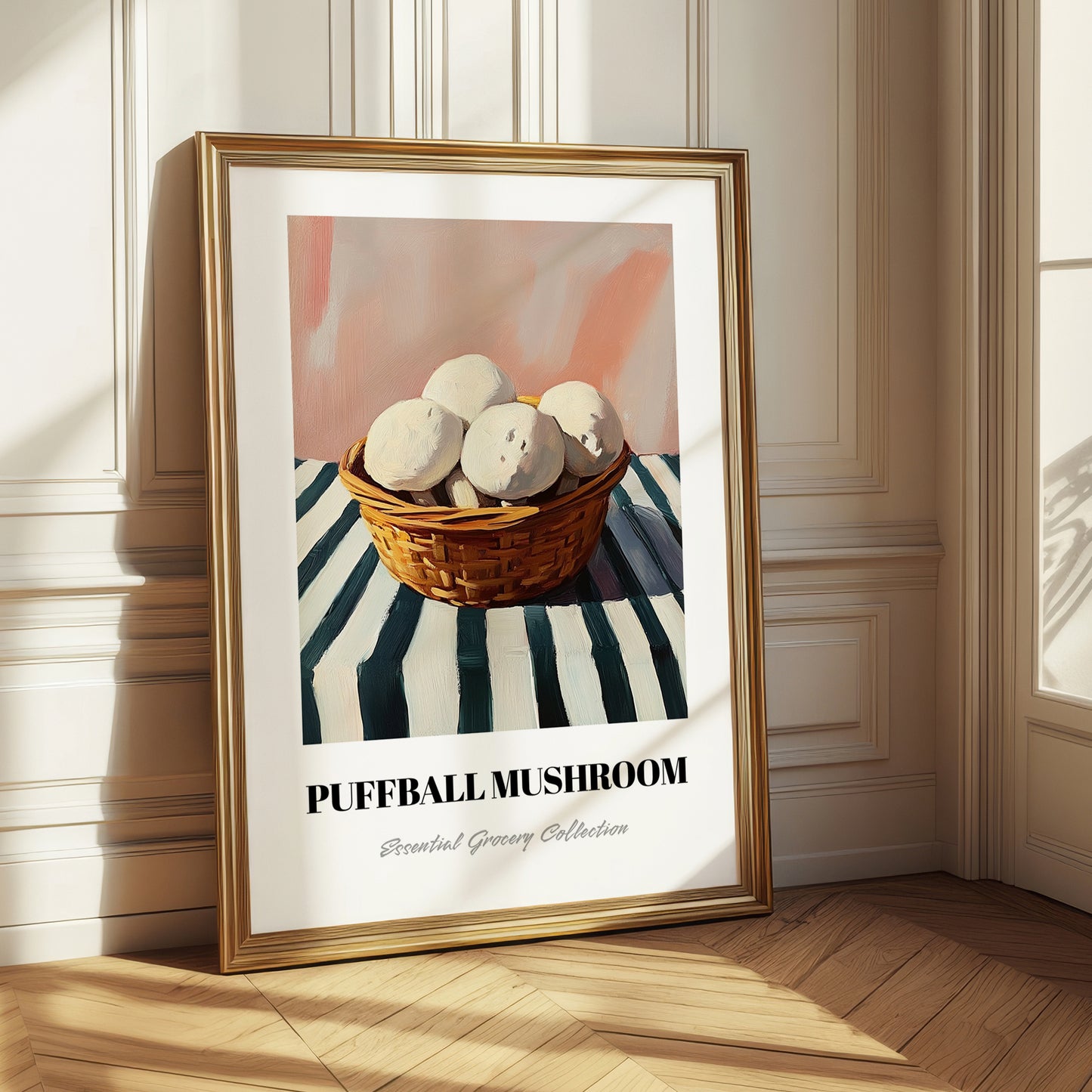 Puffball Mushroom – on Striped Tablecloth, Mushrooms Illustration