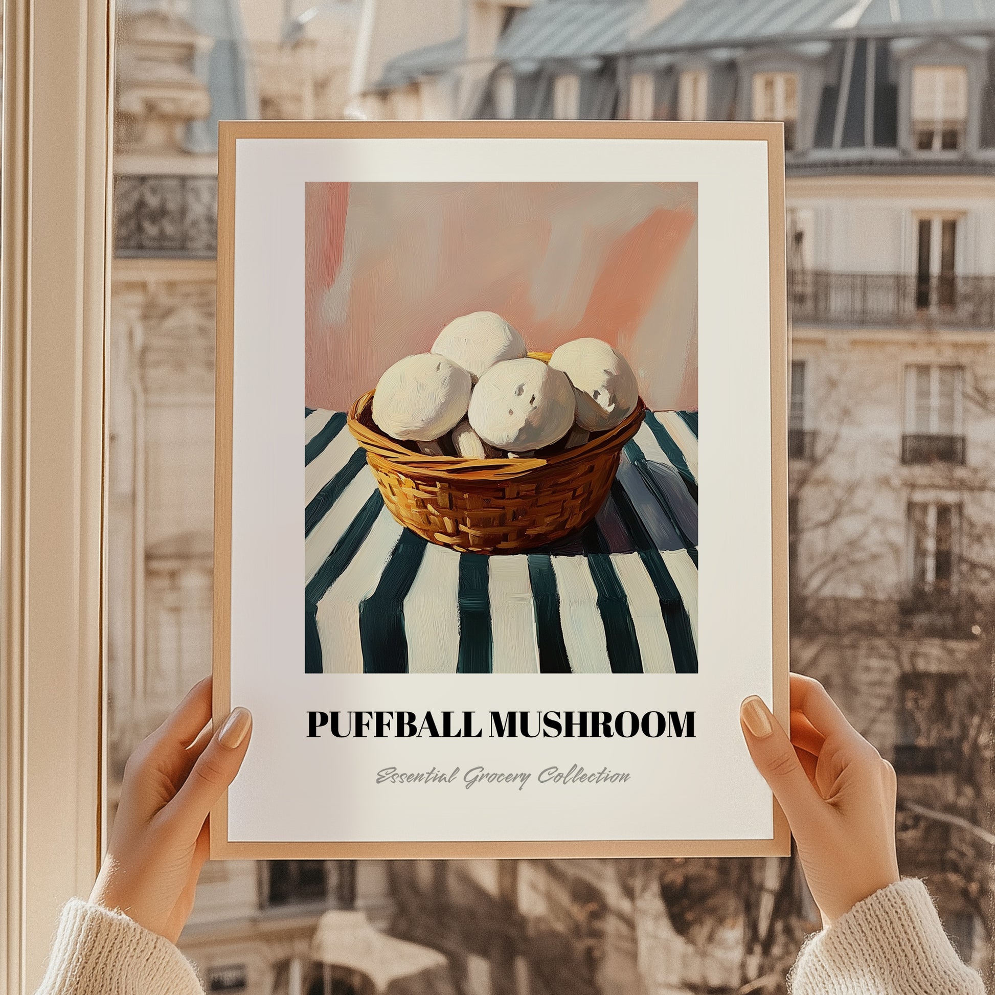 Puffball Mushroom – on Striped Tablecloth, Mushrooms Illustration, styled in a charming Paris street view