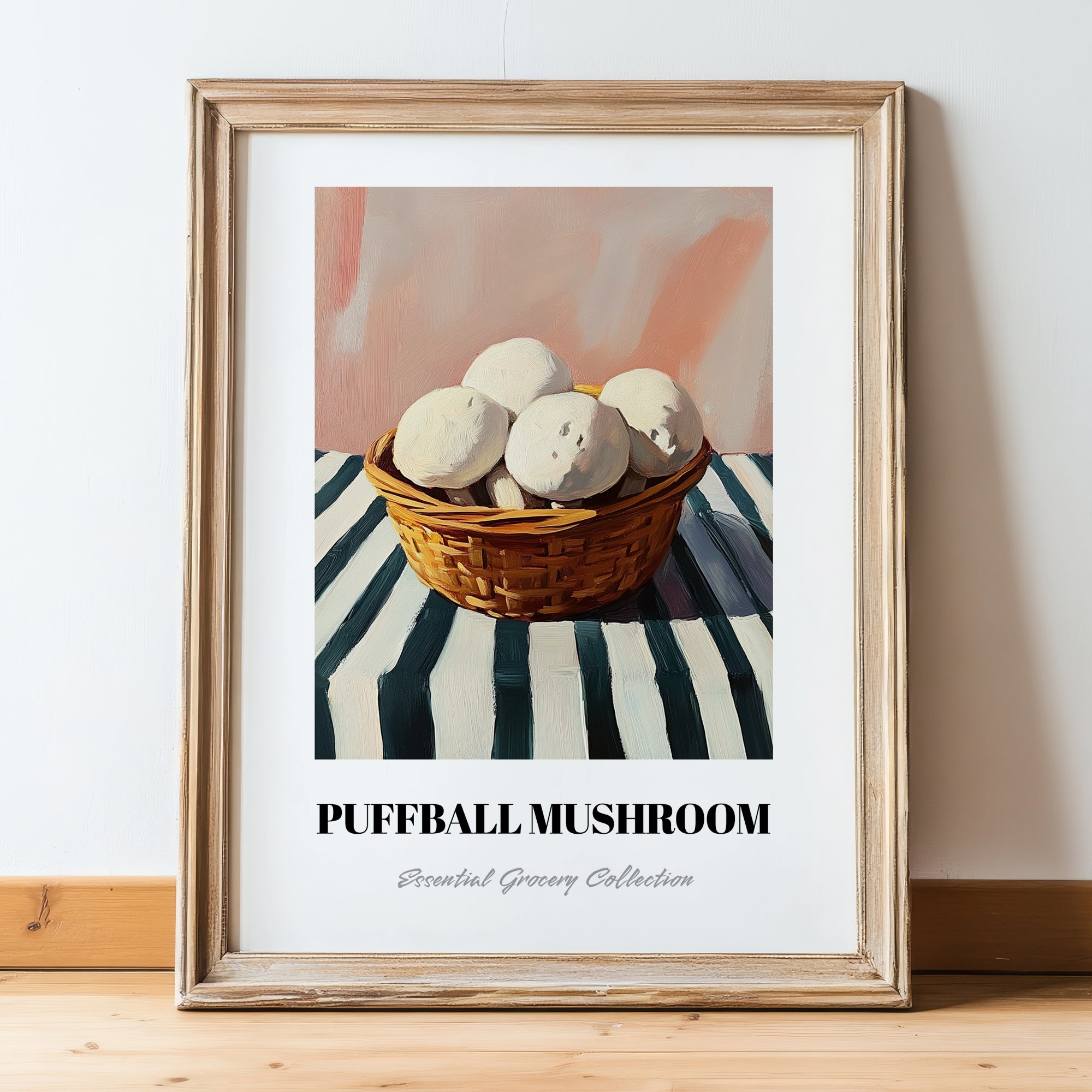 Puffball Mushroom – on Striped Tablecloth, Mushrooms Illustration, in wooden frame leaning on the floor