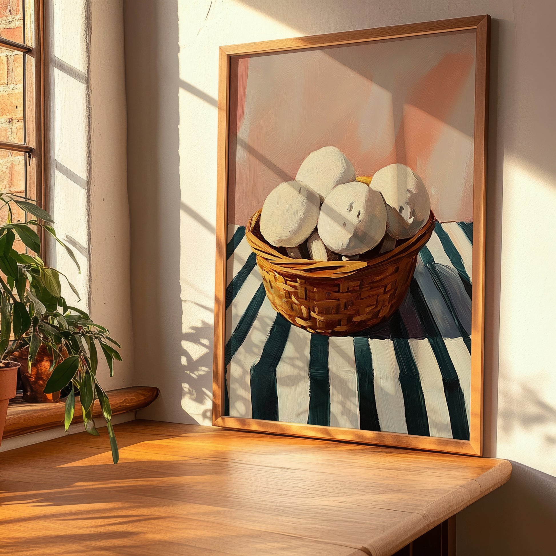 Puffball Mushroom – on Striped Tablecloth, Mushrooms Illustration, clean layout with no caption