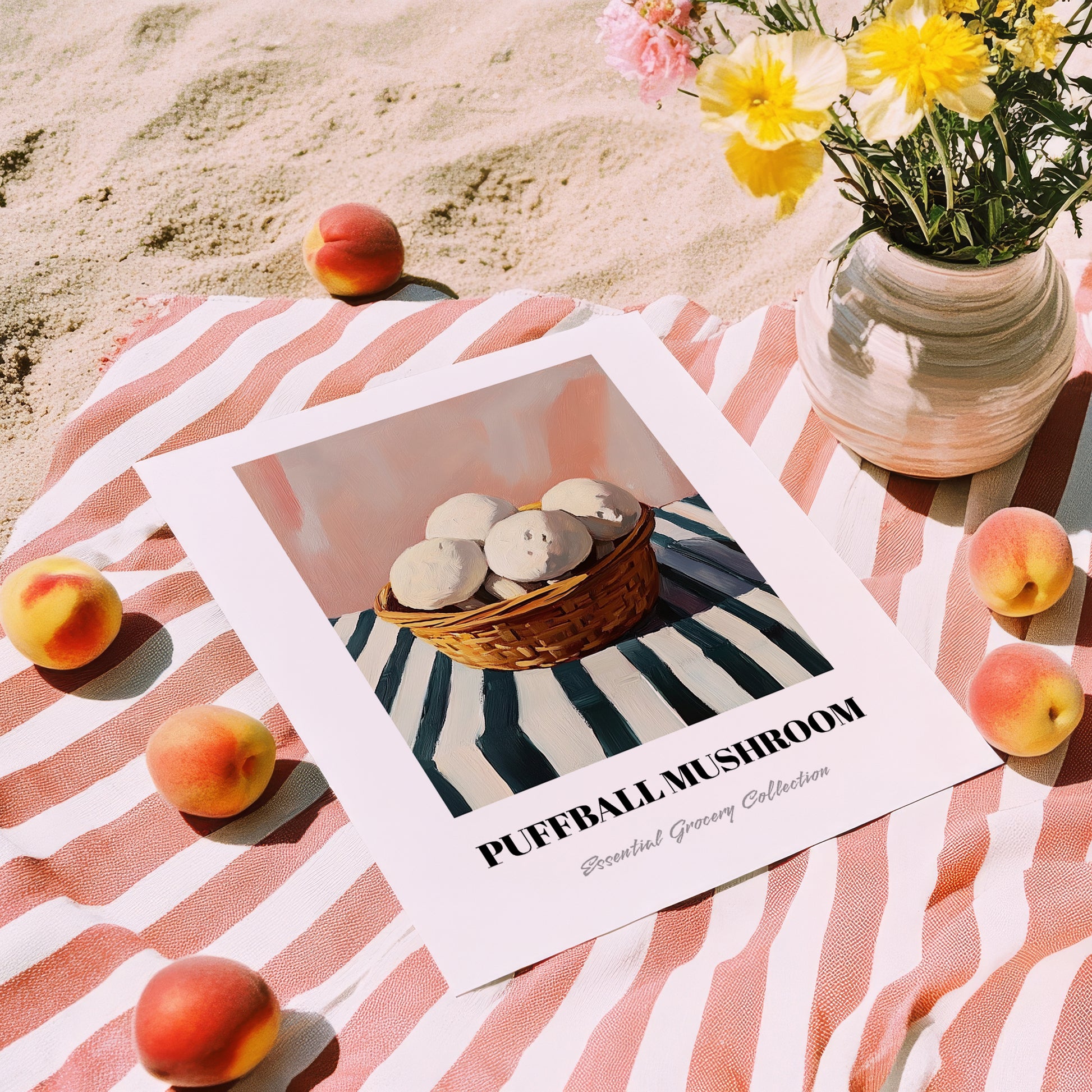 Puffball Mushroom – on Striped Tablecloth, Mushrooms Illustration, unframed on coastal sand