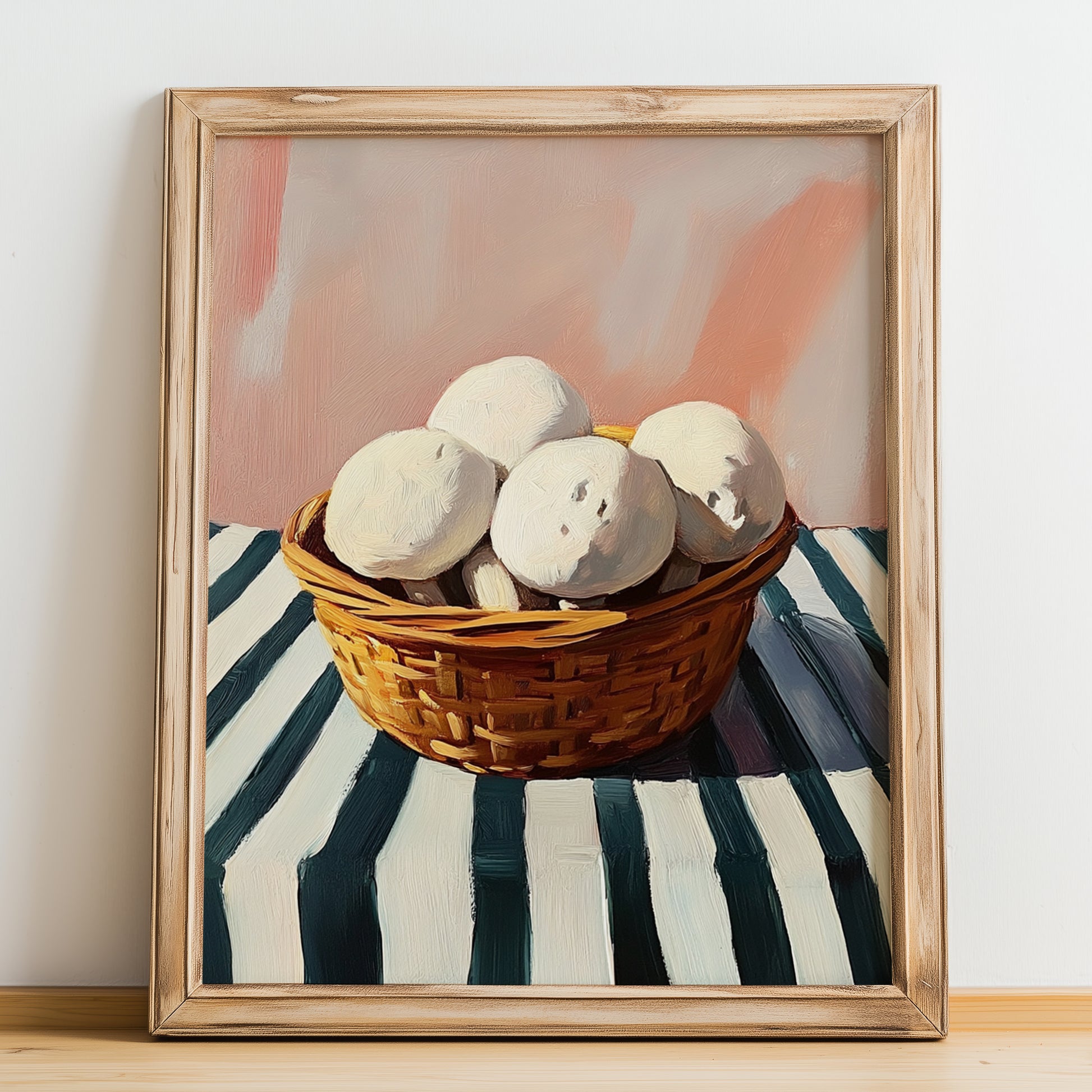 Puffball Mushroom – on Striped Tablecloth, Mushrooms Illustration, no-text version framed in wood