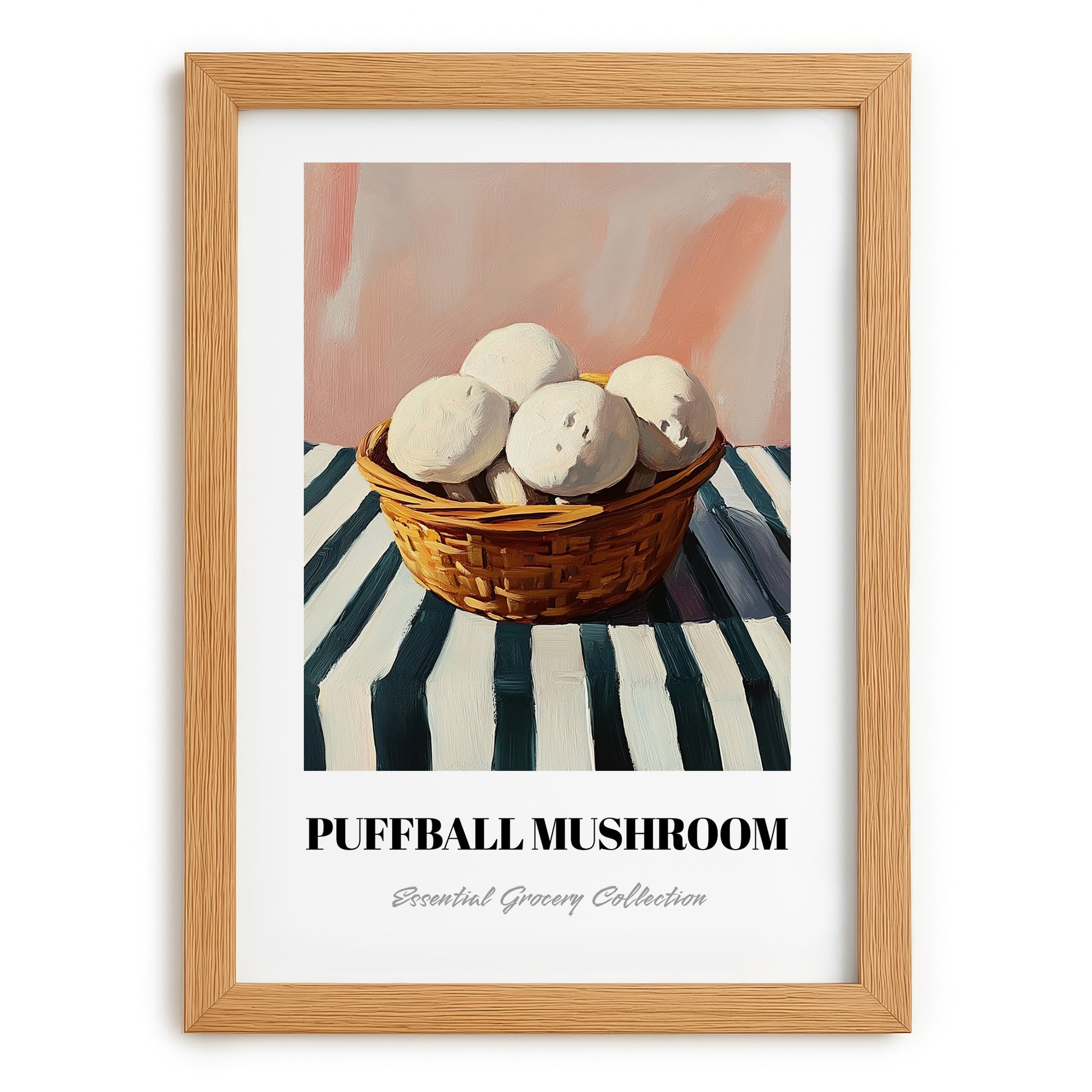 Puffball Mushroom – on Striped Tablecloth, Mushrooms Illustration, set in oak frame