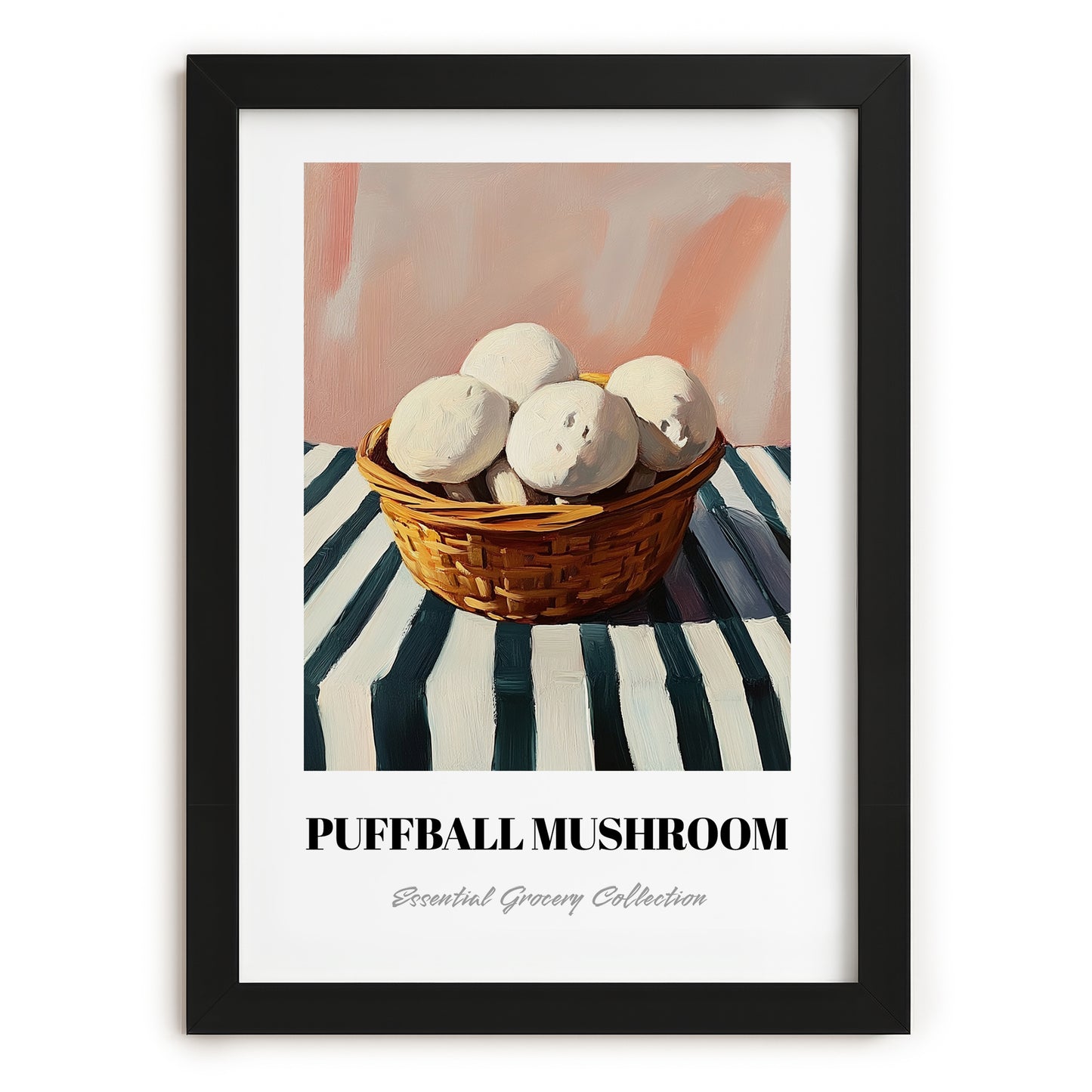 Puffball Mushroom – on Striped Tablecloth, Mushrooms Illustration, in sleek black frame