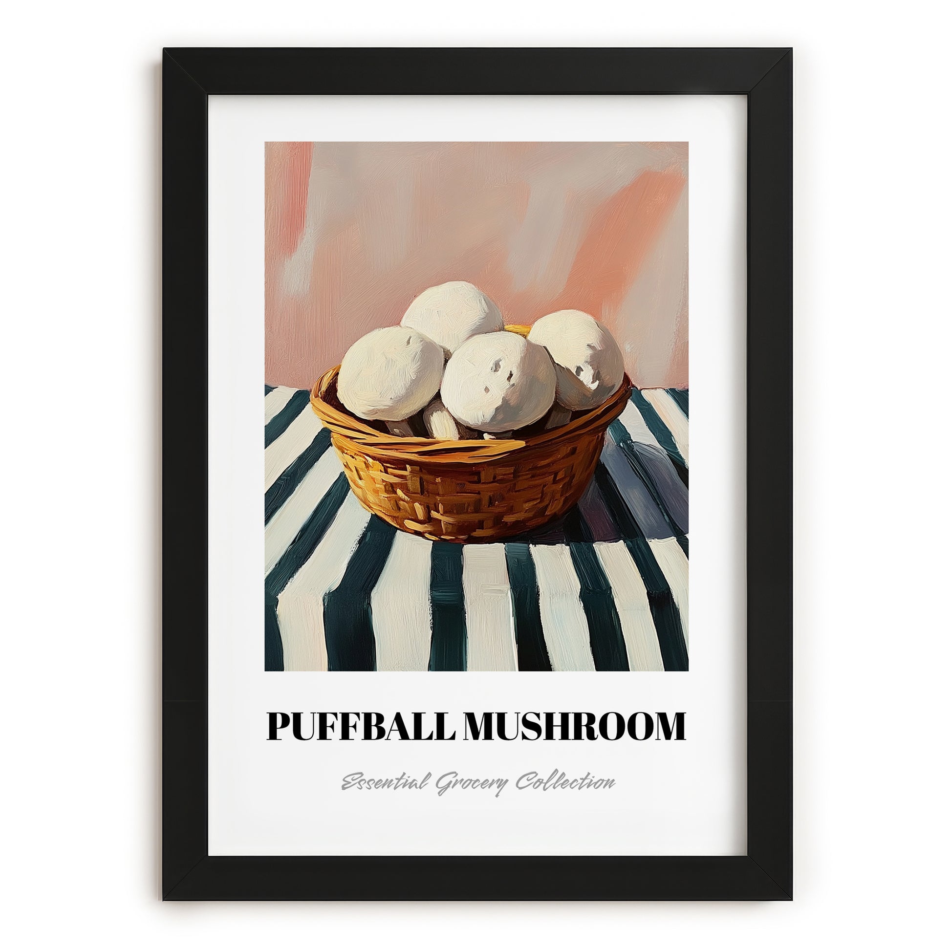 Puffball Mushroom – on Striped Tablecloth, Mushrooms Illustration, in sleek black frame