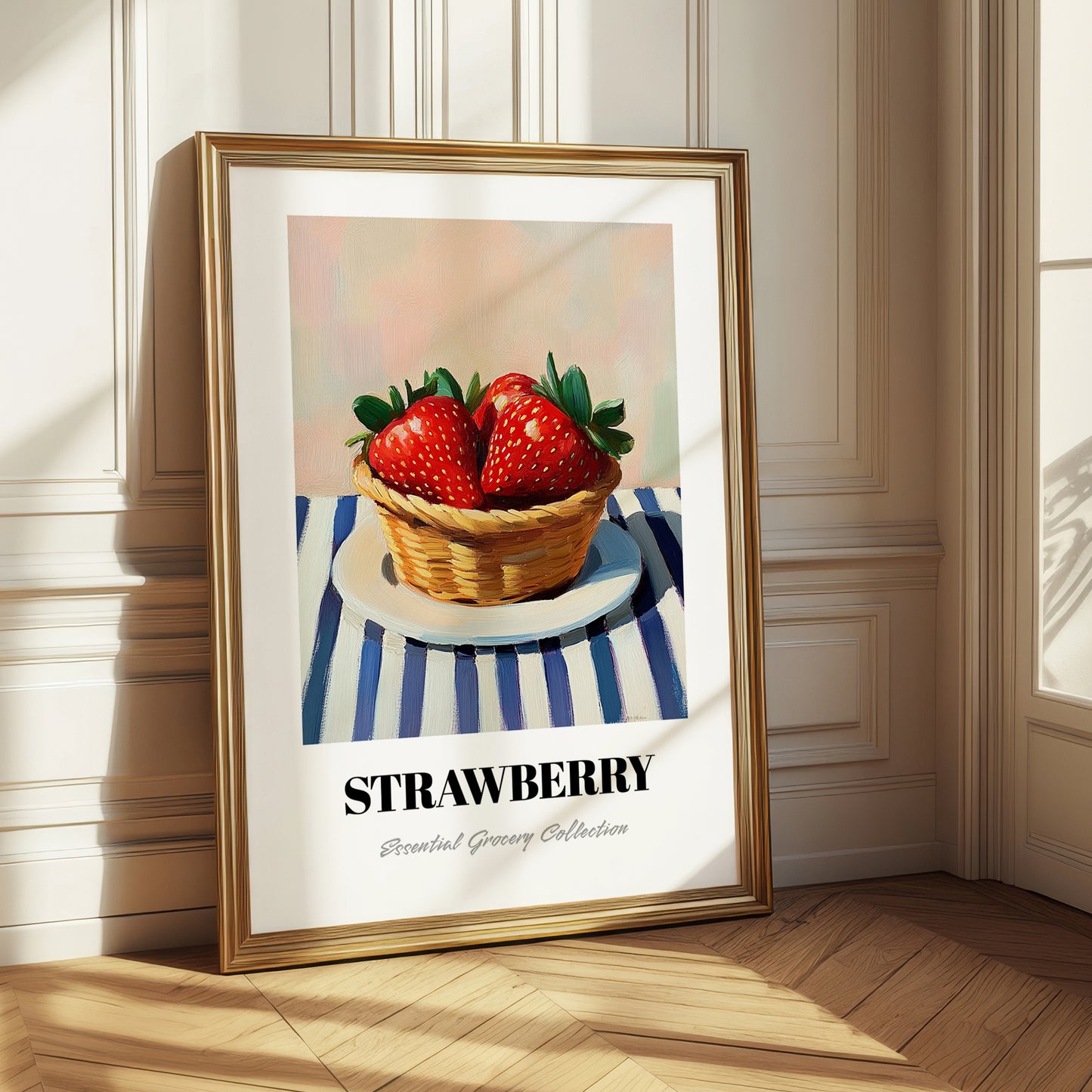 Strawberry – on Striped Tablecloth, Berries Wall Decor