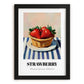 Strawberry – on Striped Tablecloth, Berries Wall Decor, in sleek black frame