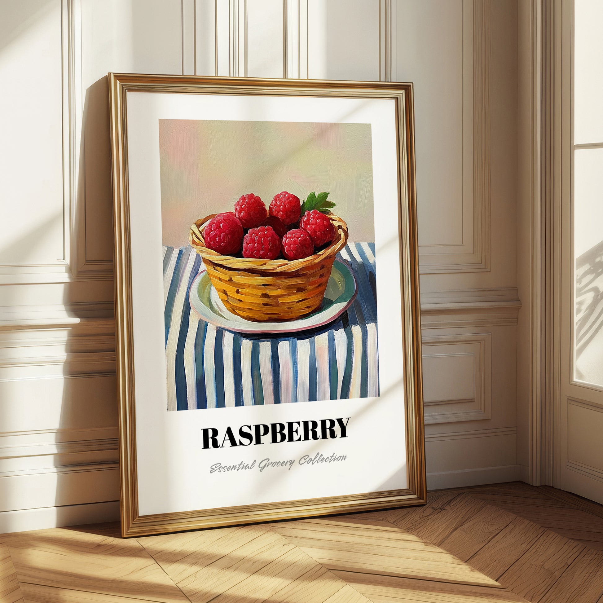 Raspberry – on Striped Tablecloth, Berries Poster