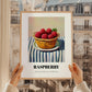 Raspberry – on Striped Tablecloth, Berries Poster, styled in a charming Paris street view