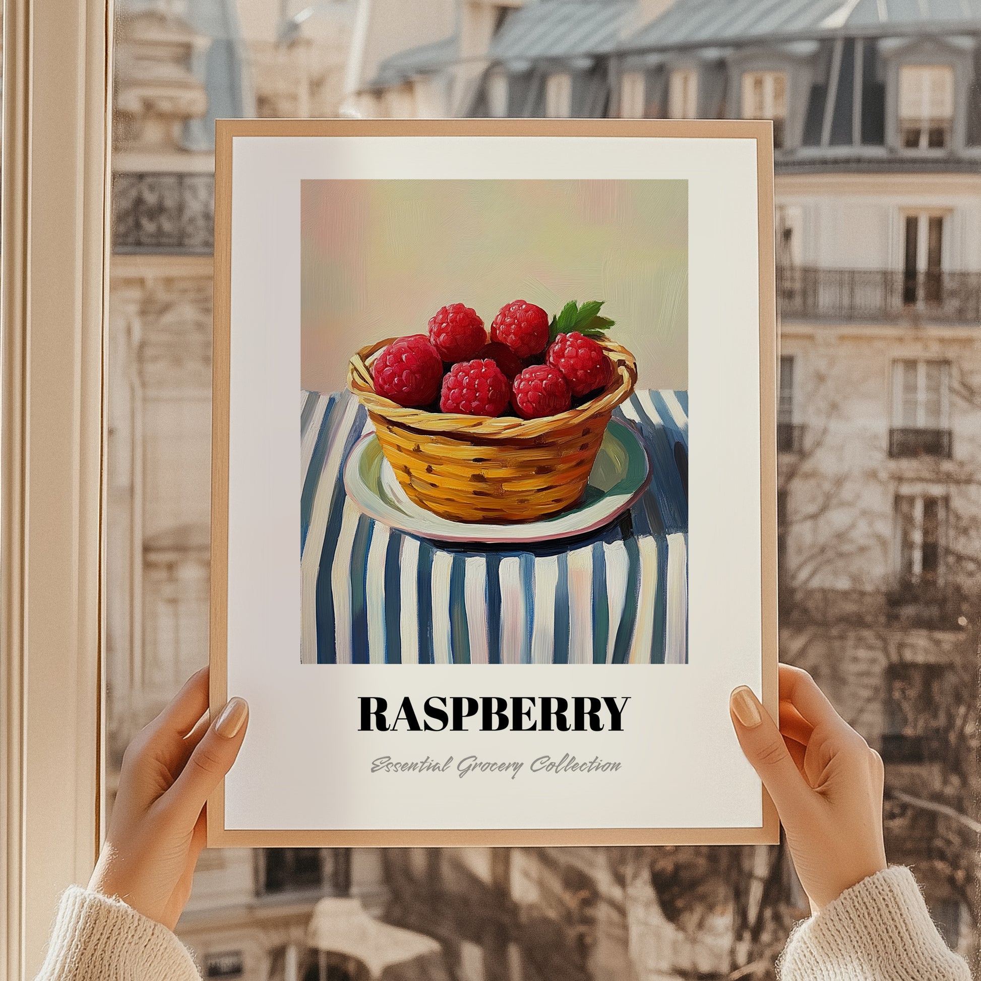 Raspberry – on Striped Tablecloth, Berries Poster, styled in a charming Paris street view