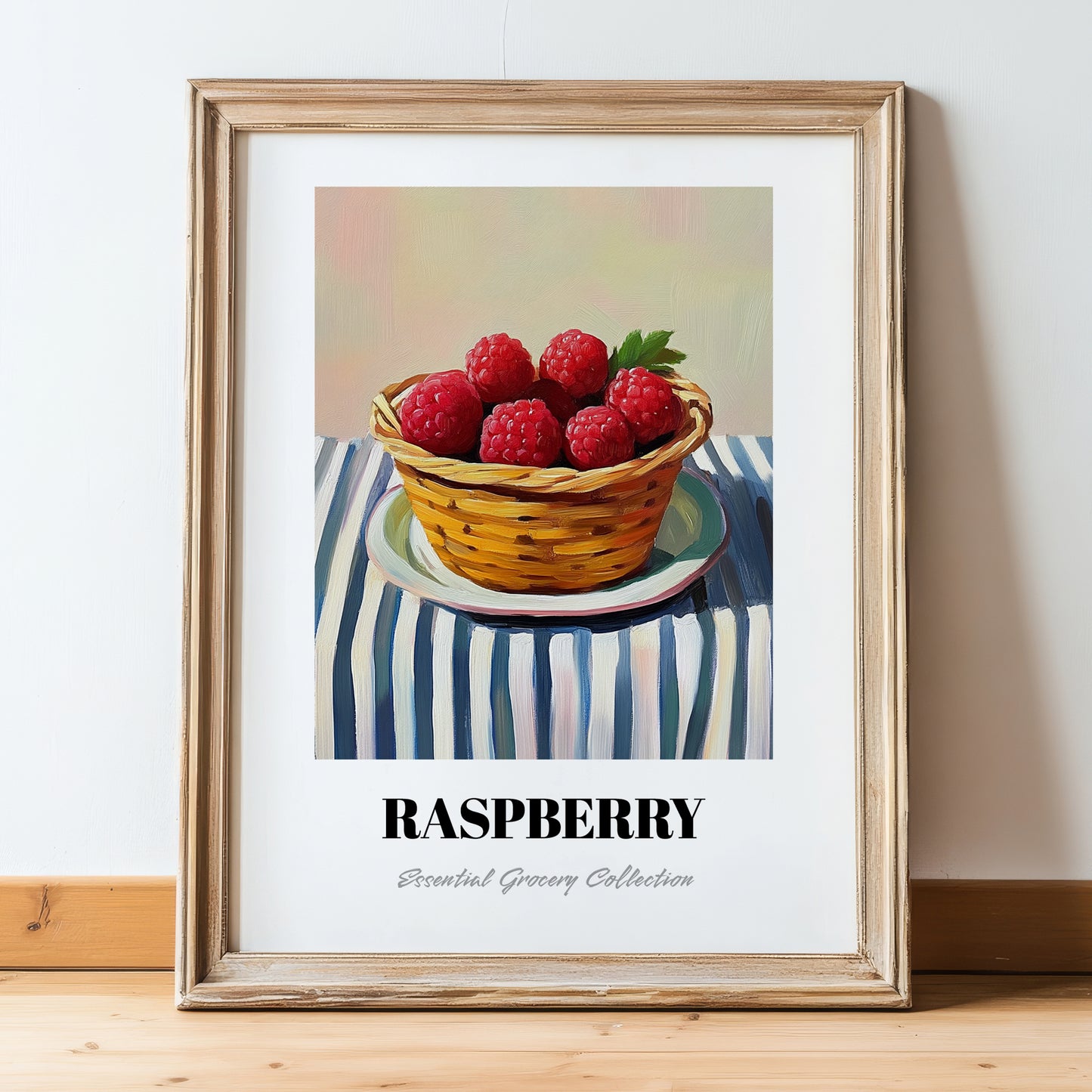 Raspberry – on Striped Tablecloth, Berries Poster, in wooden frame leaning on the floor
