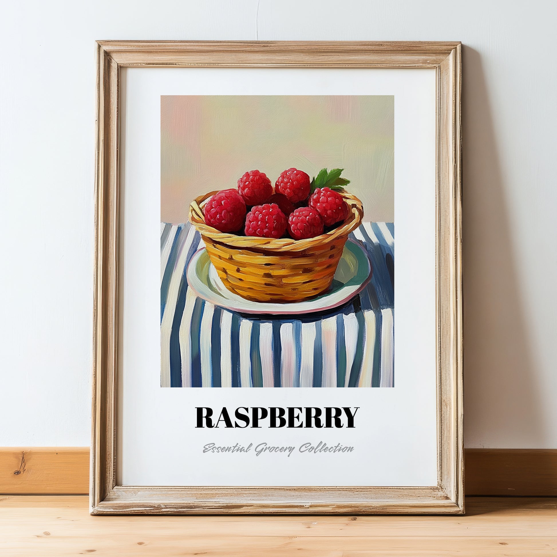 Raspberry – on Striped Tablecloth, Berries Poster, in wooden frame leaning on the floor